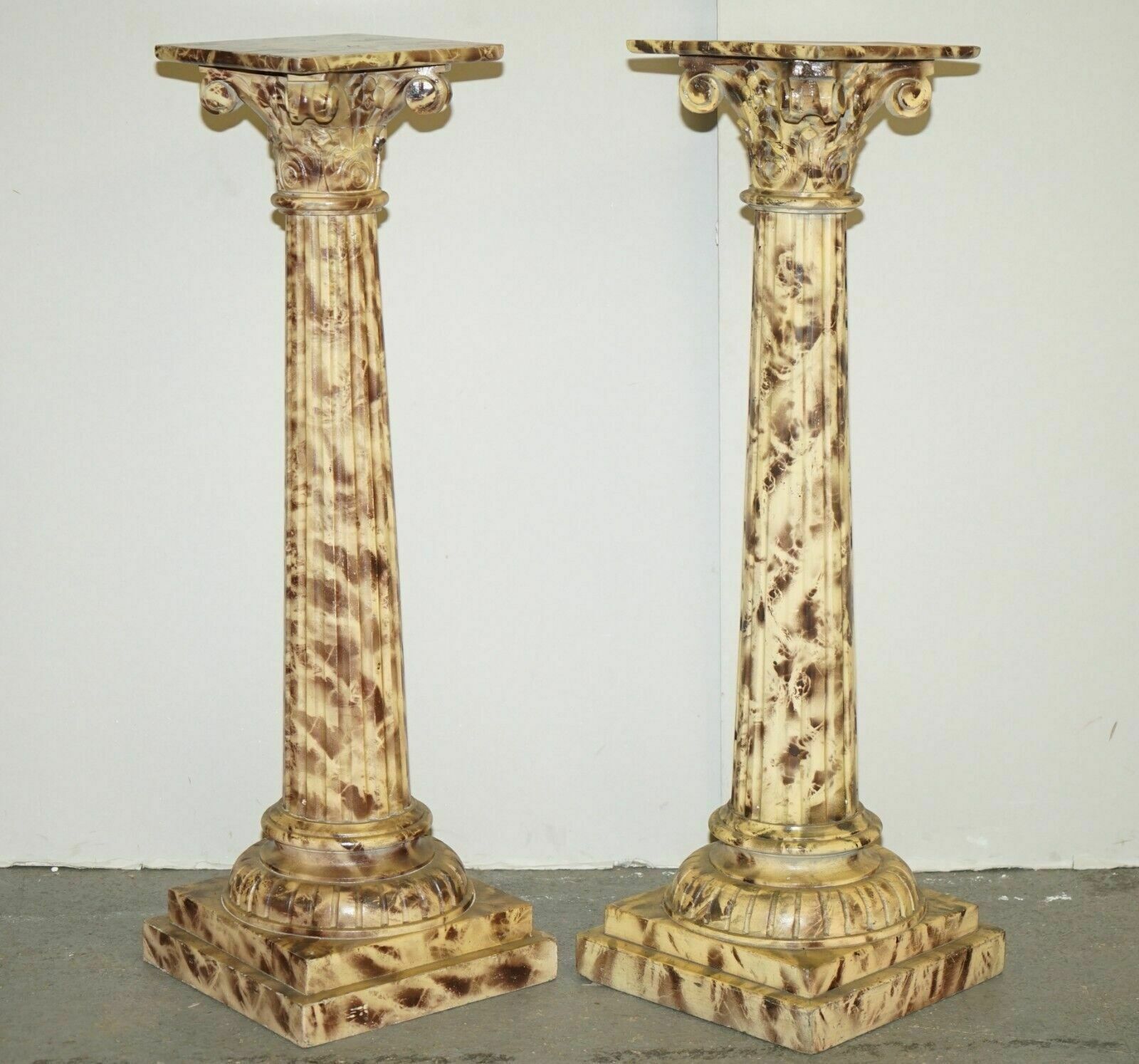 Pair Of Antique Hand Carved Corinthian Pillar Pedestal Stands Faux Marble Paint