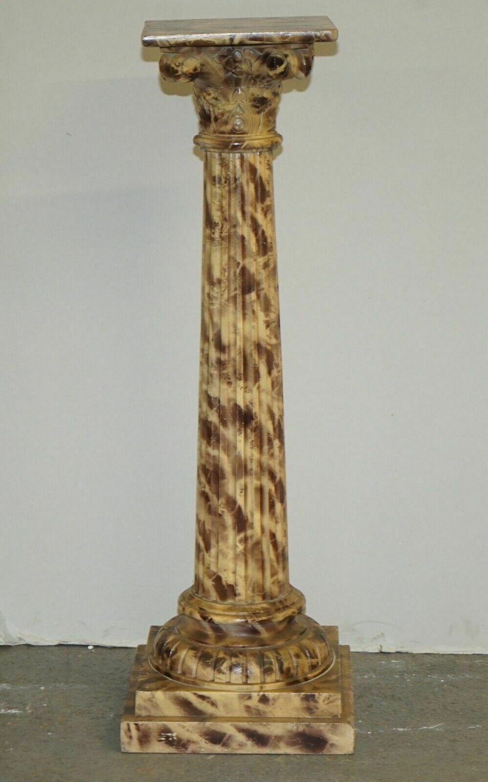 Pair Of Antique Hand Carved Corinthian Pillar Pedestal Stands Faux Marble Paint photo for sale