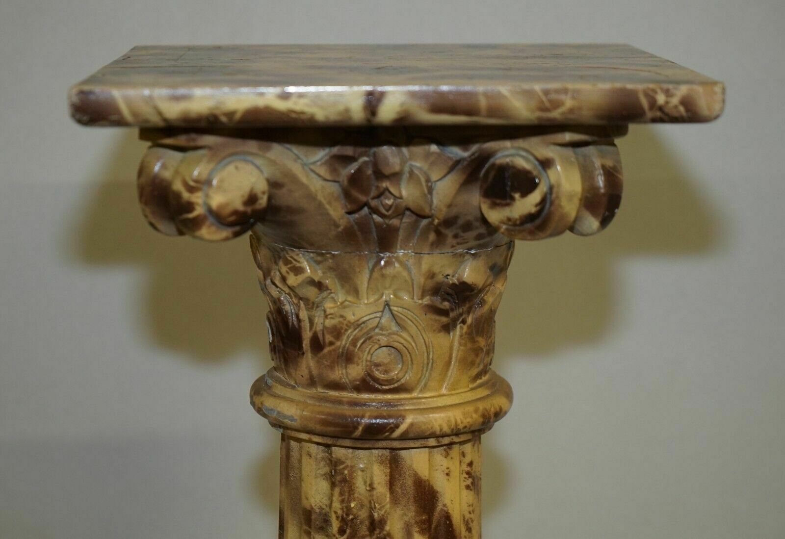 Pair Of Antique Hand Carved Corinthian Pillar Pedestal Stands Faux Marble Paint photo buy