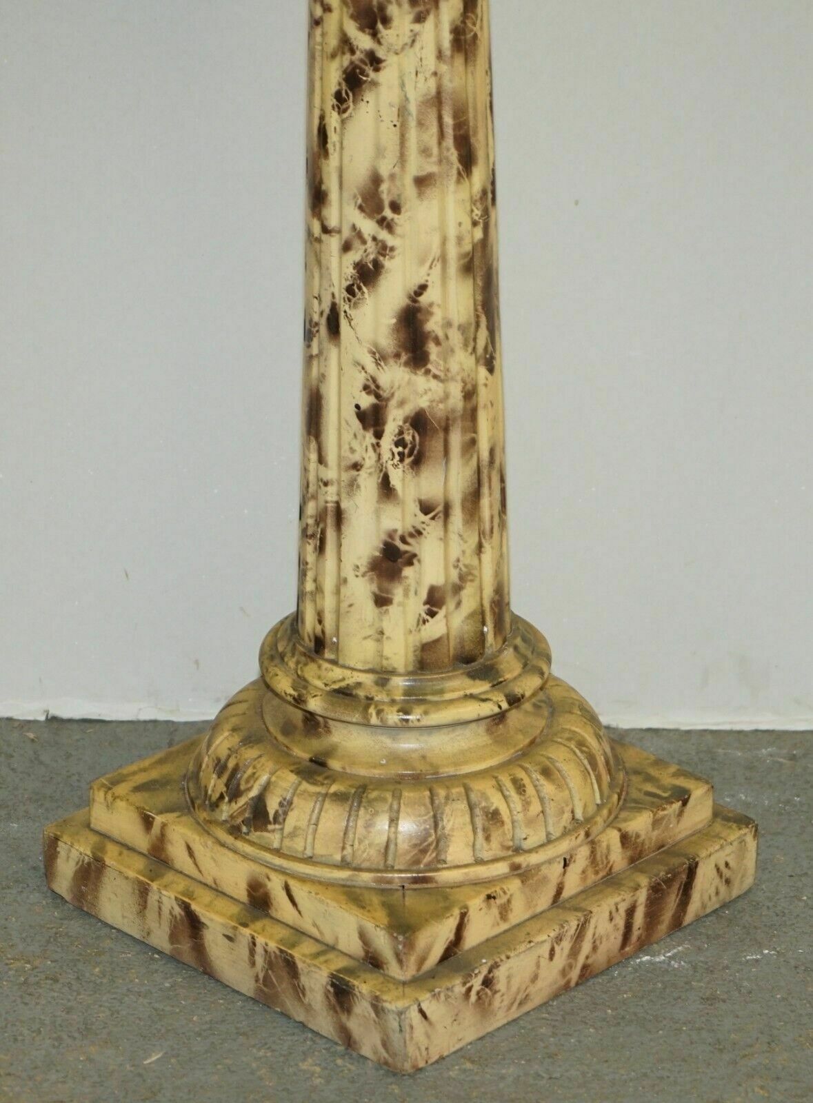 photo vinterior Pair Of Antique Hand Carved Corinthian Pillar Pedestal Stands Faux Marble Paint