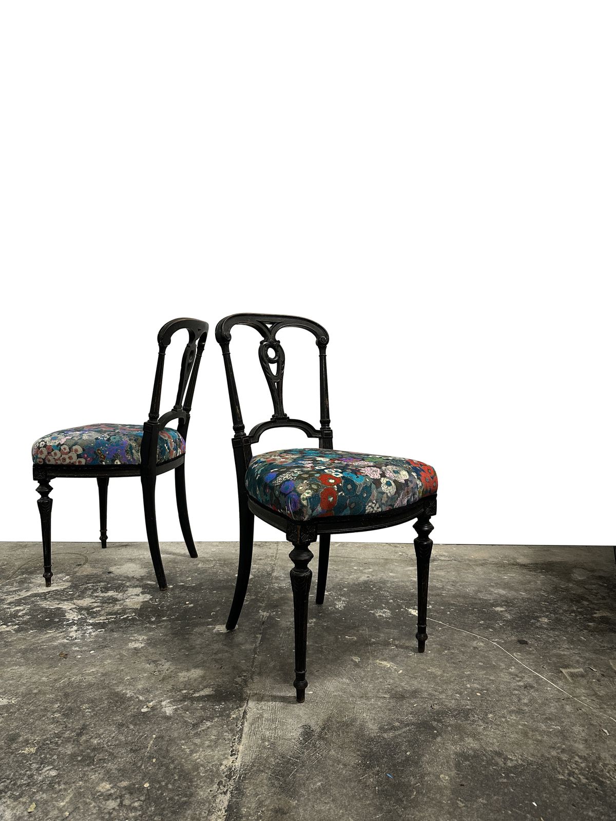 Pair Two Antique Aesthetic Movement Ebonised Hall Side Bedroom Chair In Velvet Fabric By House Of Hackney
