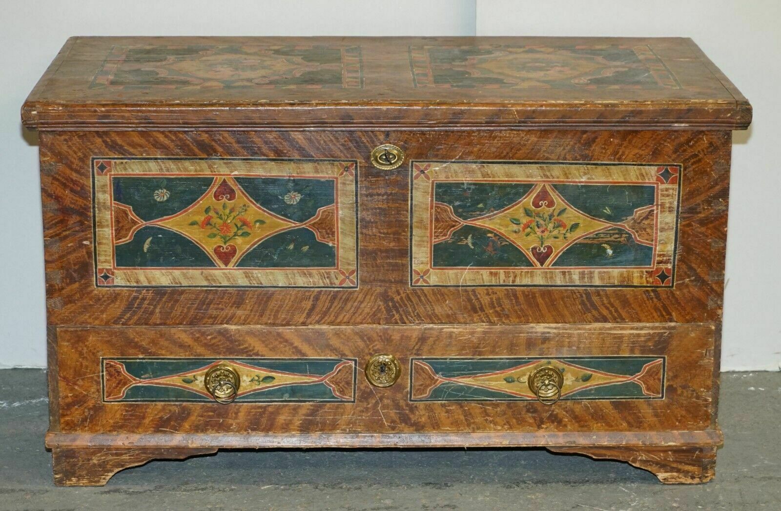 1875 Large Antique Original Paint Romanian Blanket Chest Coffer Trunk Drawer photo furniture