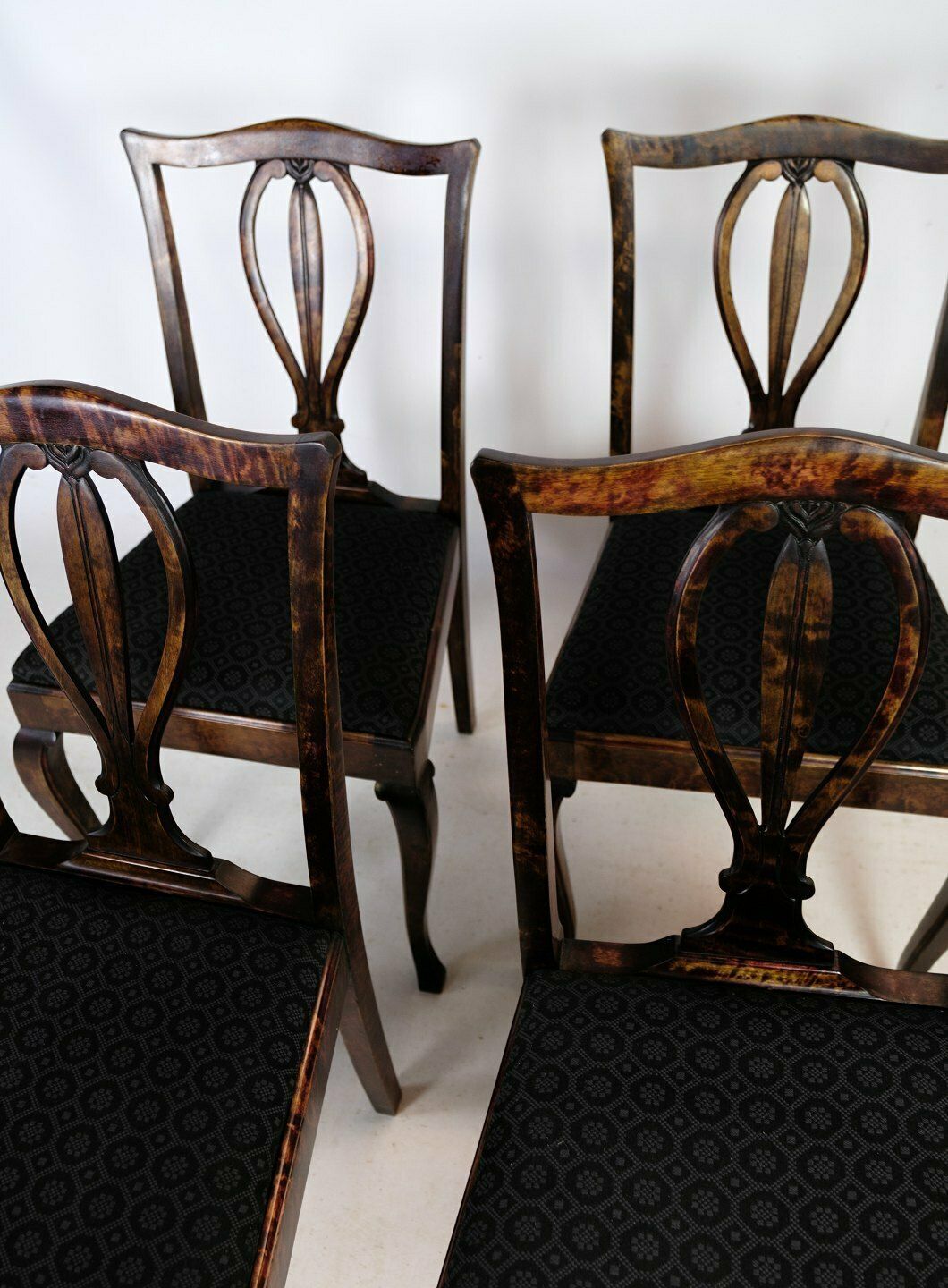 Dining Room Chairs In Mahogany With Black Patterned Fabric From 1920s. photo furniture