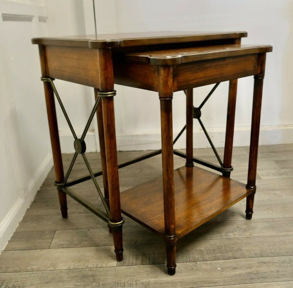 Nest Of 2 Regency Style Walnut And Brass Occasional Tables photo for sale