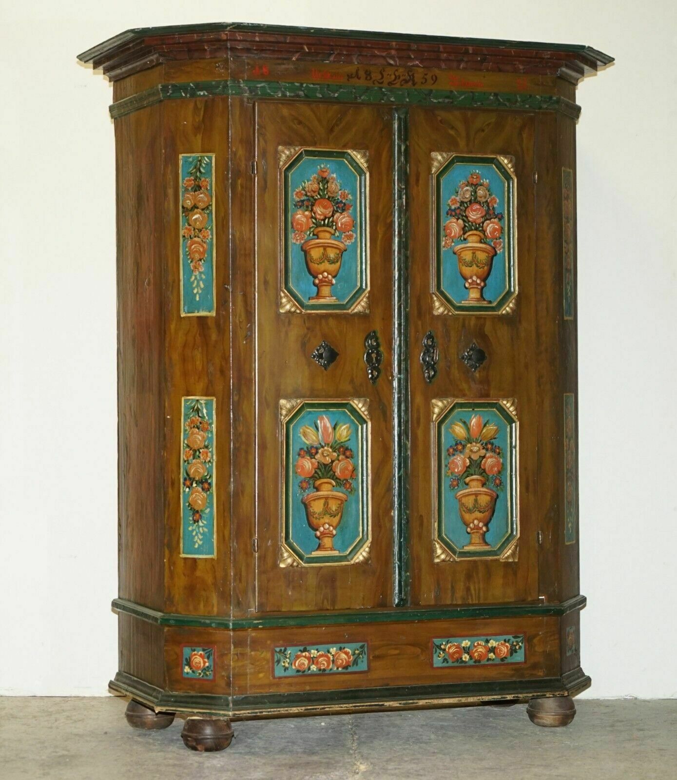 Stunning Rare Antique 1829 1851 Dated Hand Painted German Marriage Wardrobe
