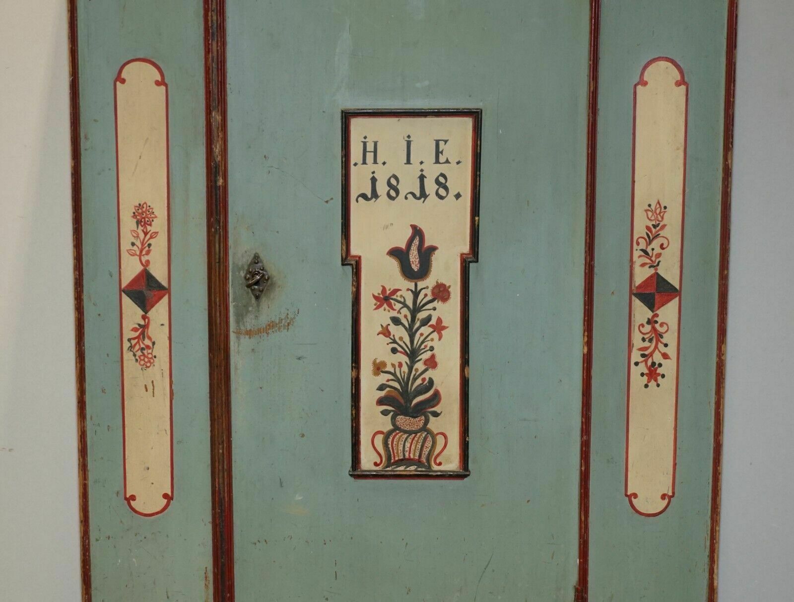 Antique 1818 Dated Aqua Blue Hand Painted German Marriage Wardrobe Rare Colour photo Furniture