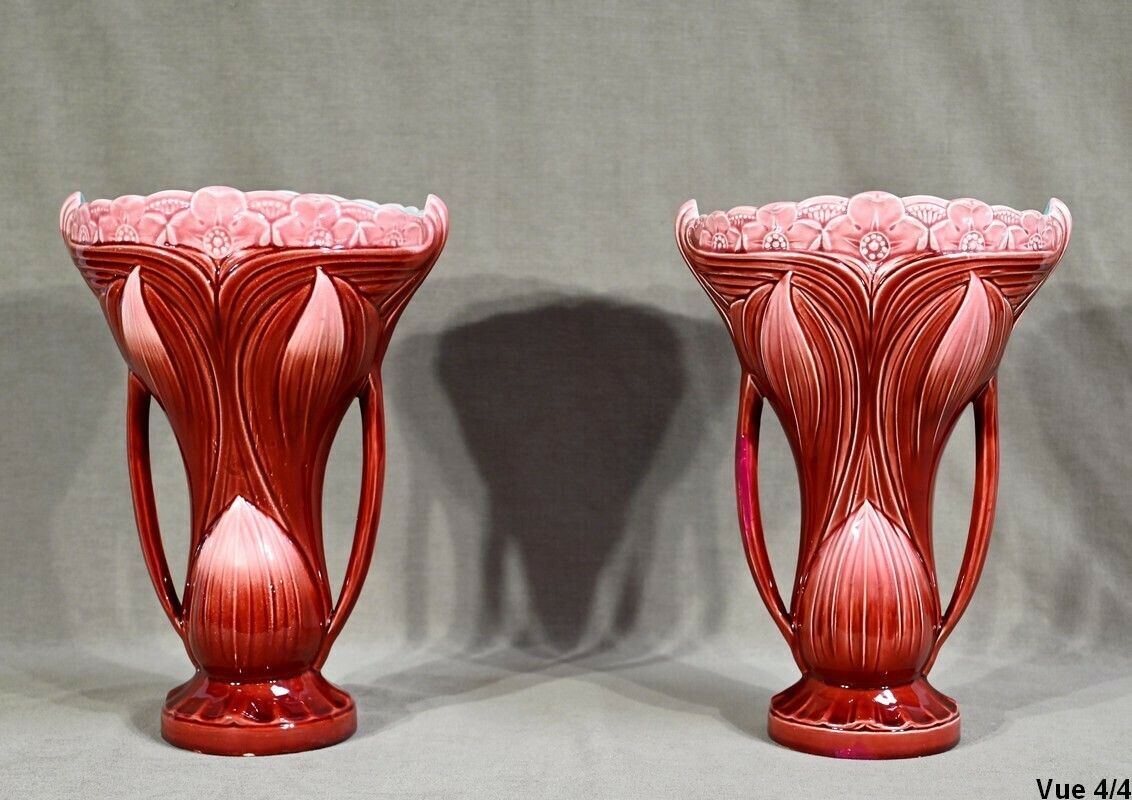 photo vintage Pair Of Earthenware Vases, Stamped Digoin Sarreguemines   Late 19th Century