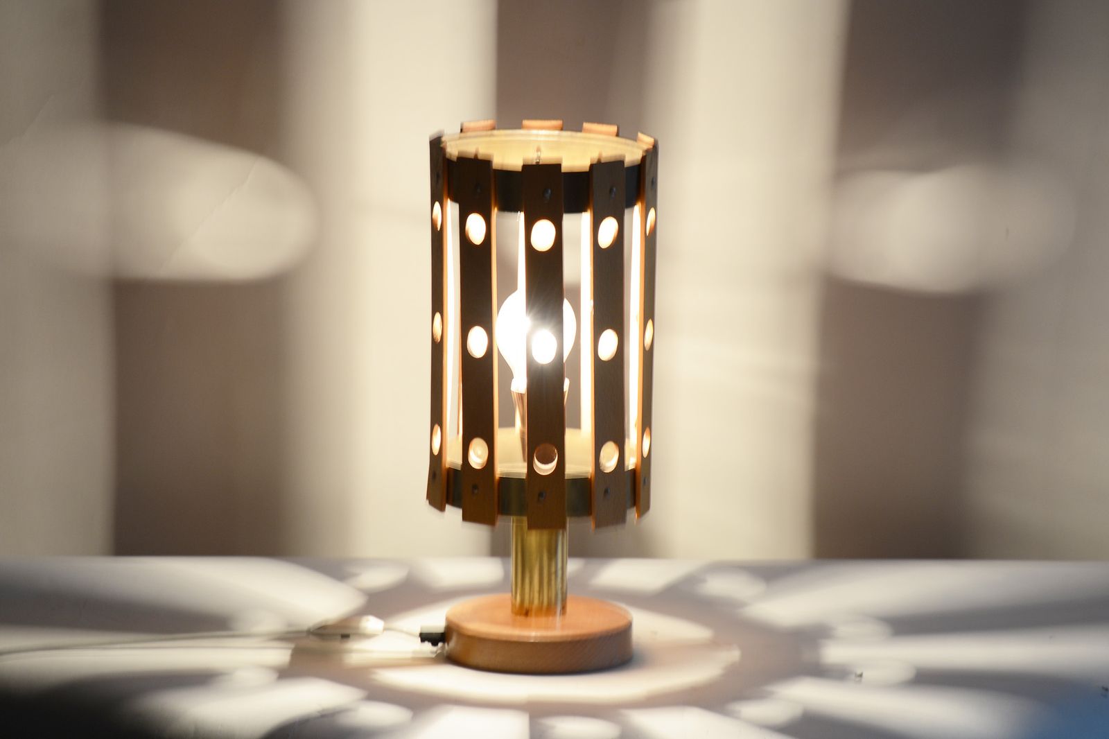 Fully Functional Midcentury Table Lamp, Made By Pokrok Zilina, Beech, Brass, Slovakia, 1960s photo 300.0