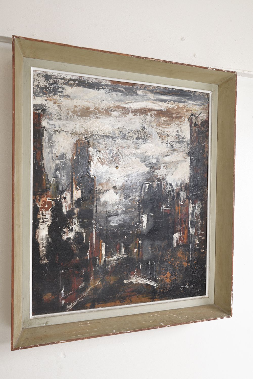 Abstract Mid Century Oil Painting On Board Industrial Scene By F. David Taggart, Signed photo furniture