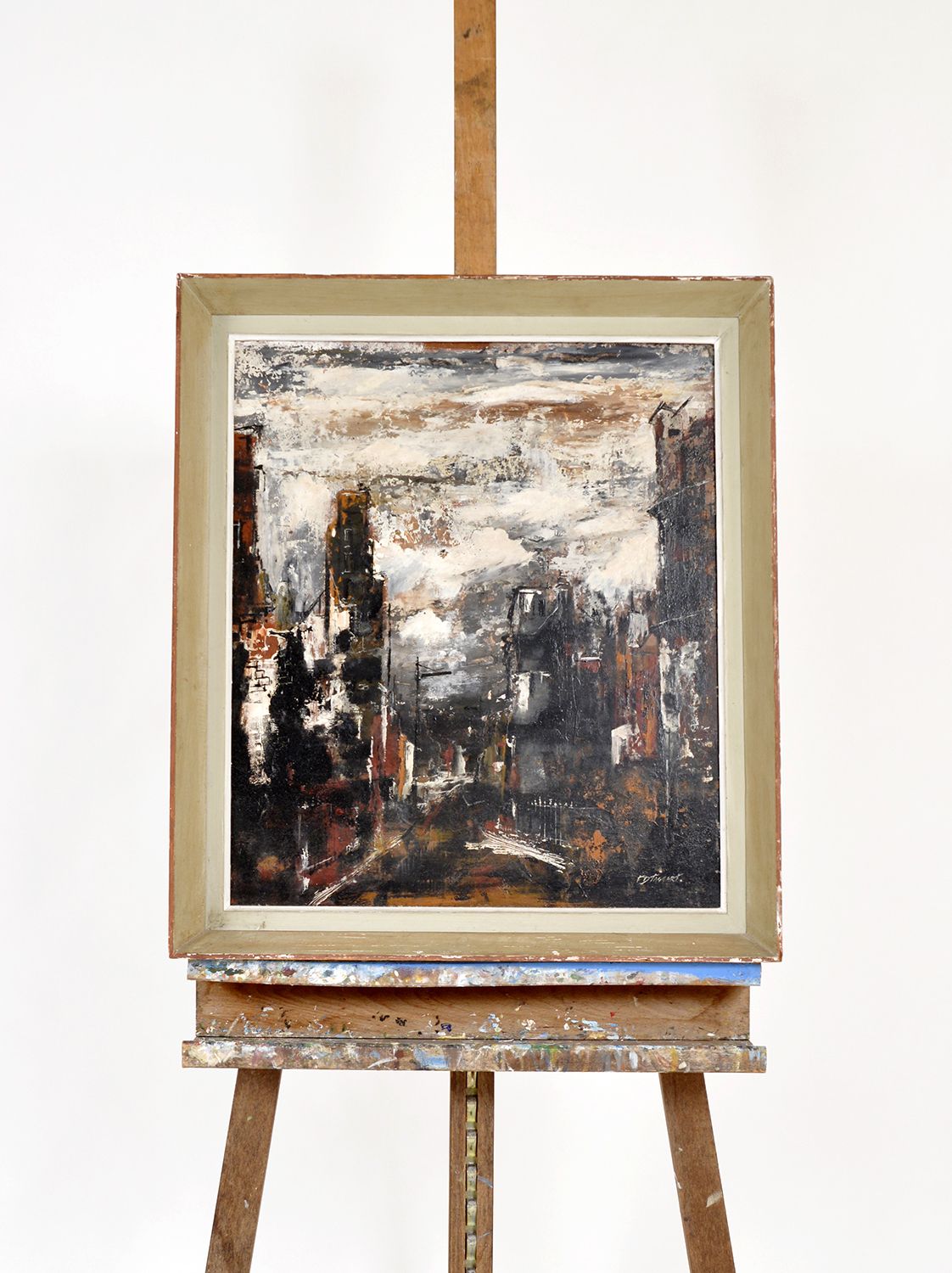 Abstract Mid Century Oil Painting On Board Industrial Scene By F. David Taggart, Signed photo for sale