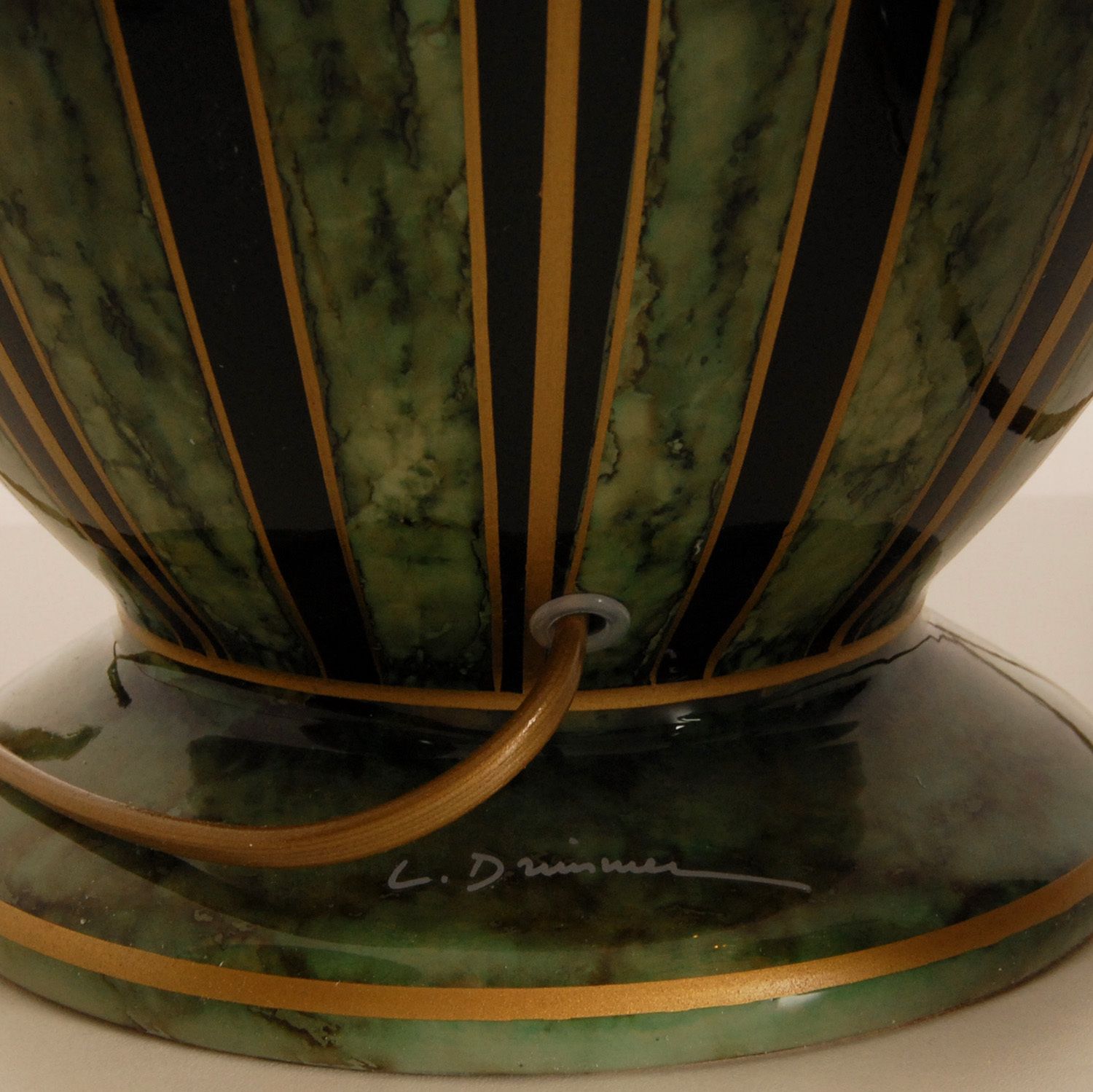 1450.0 Vintage French Ceramic Lamps Gold & Green Marbled  Porcelain Table Lamps, 1970s, Set Of 3 photo