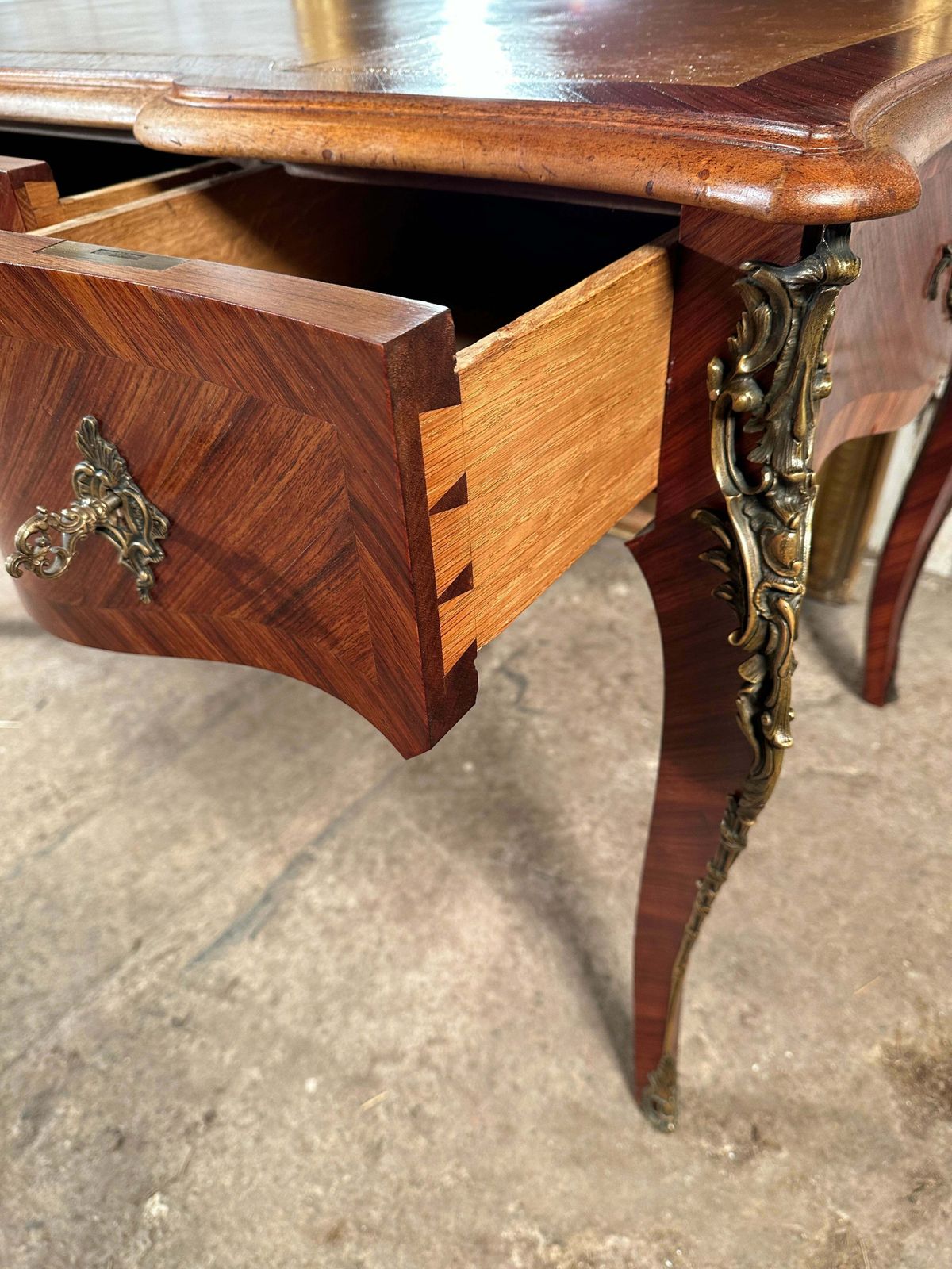 A Beautiful Antique Rosewood Louis Philippe XV French Writing Desk With Tooled Leather Insert Ormolu Mounts On Swept Legs photo vintage