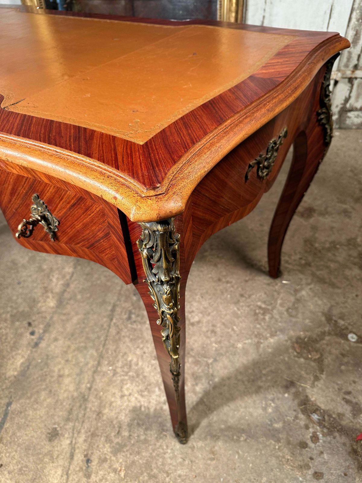 photo for sale A Beautiful Antique Rosewood Louis Philippe XV French Writing Desk With Tooled Leather Insert Ormolu Mounts On Swept Legs