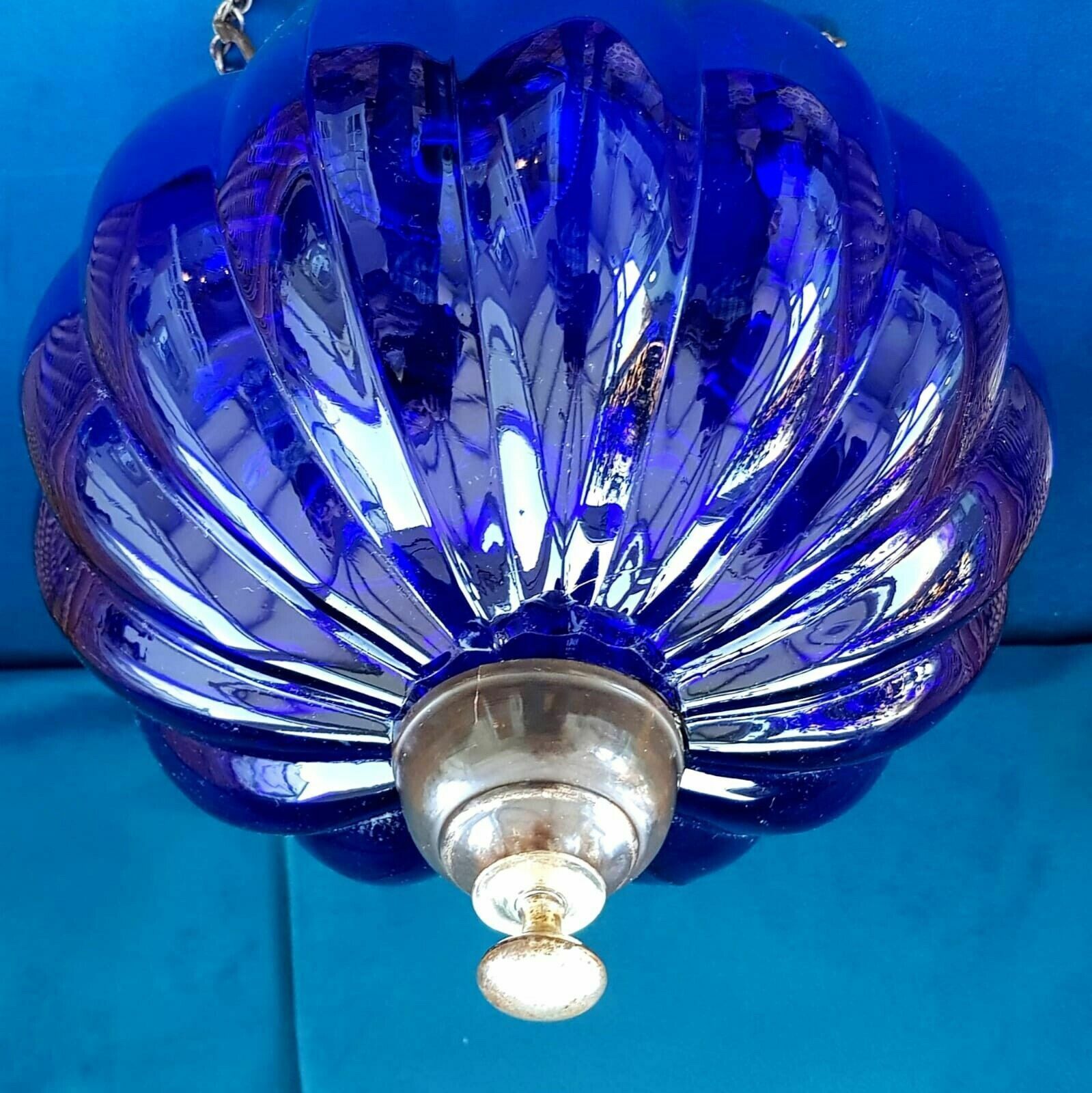 Colonial Antique Hanging Blue Hundi Glass Pumpkin Bell Jar Hanging Lantern Light photo for sale