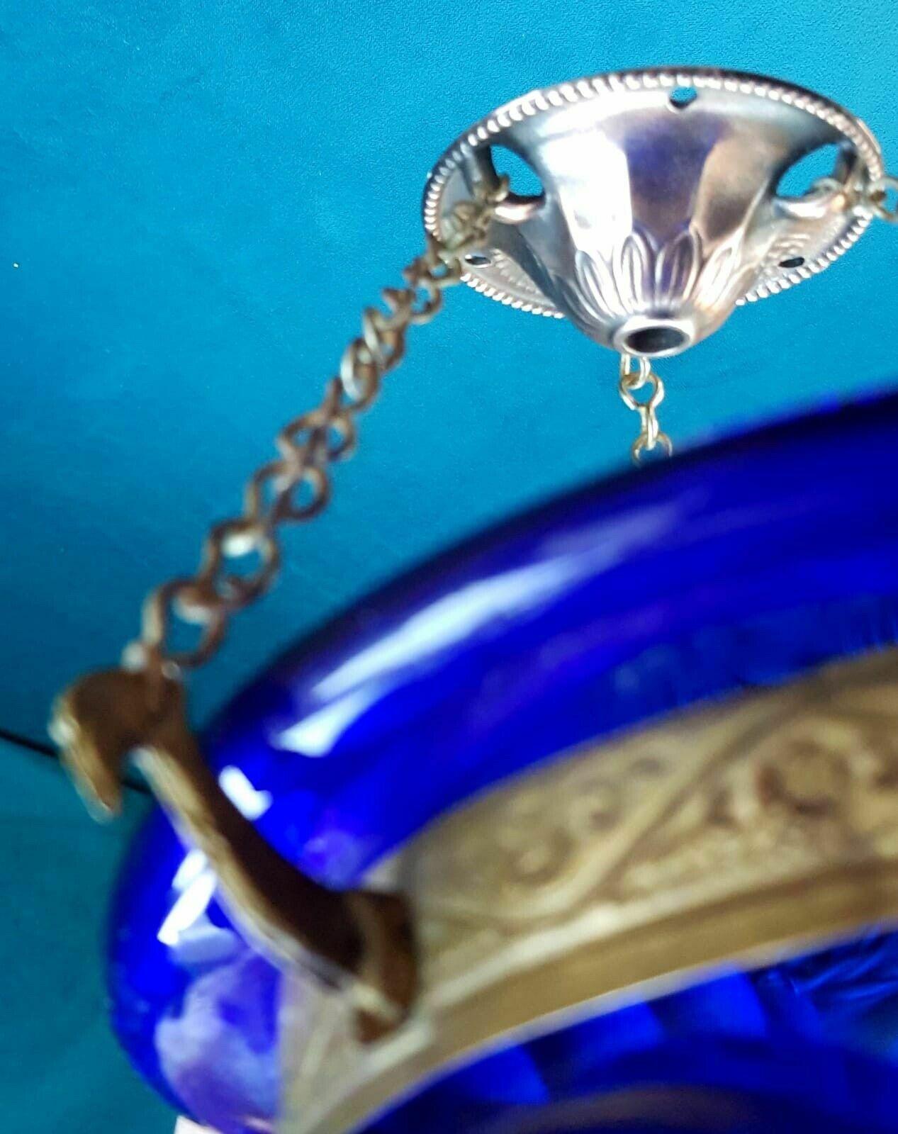 Colonial Antique Hanging Blue Hundi Glass Pumpkin Bell Jar Hanging Lantern Light photo vintage