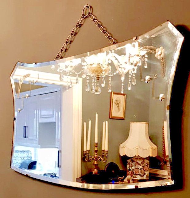Art Deco Frameless Wall Mirror With Corner Pretty Flowers & Leaves & Original Chain photo furniture