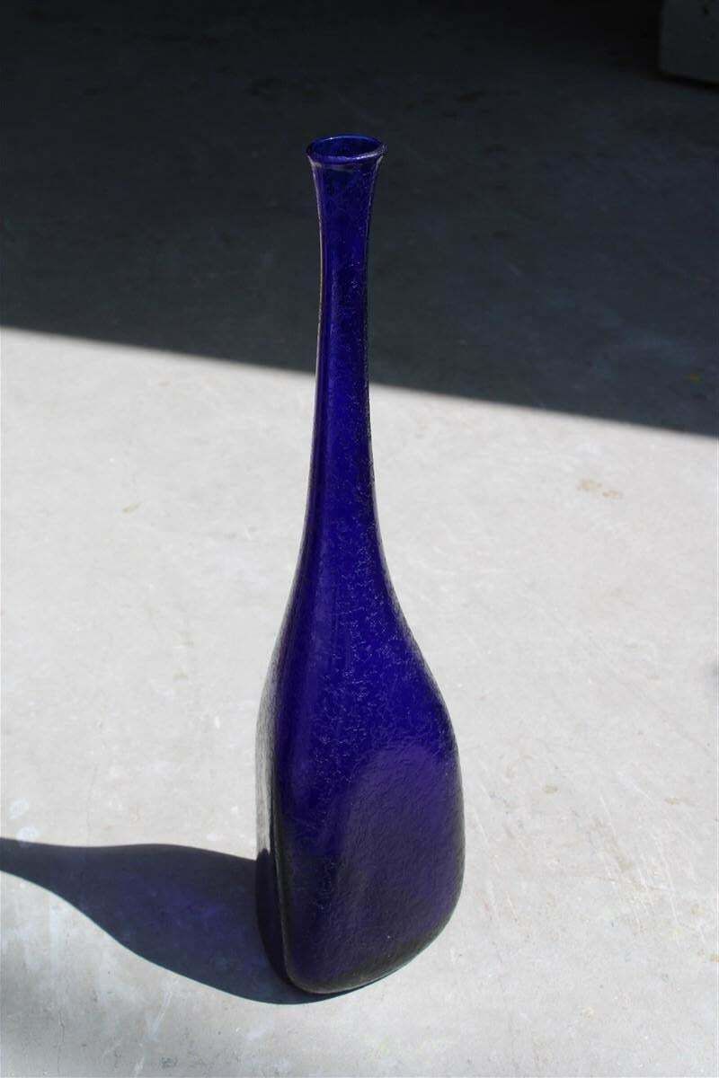 Murano Corroded Glass Bottle Cobalt Blue Mid Century Italian Design Seguso photo vintage