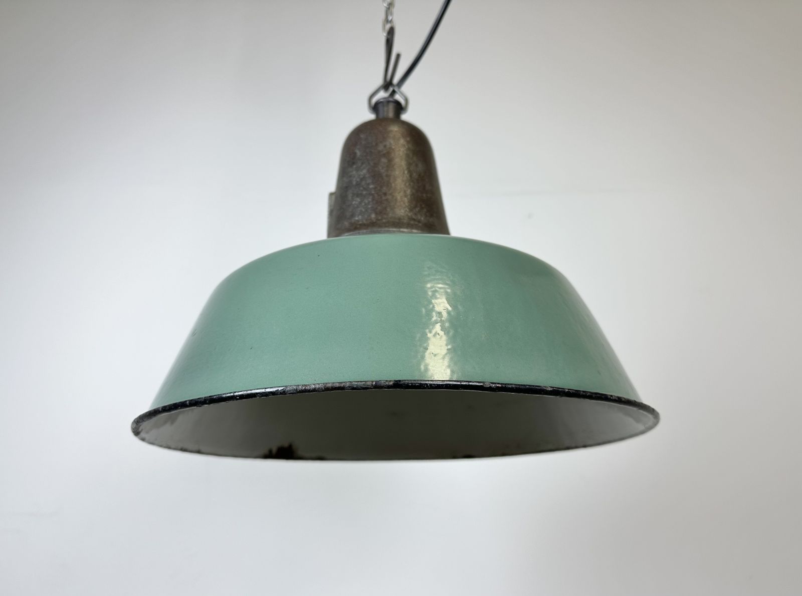 Industrial Green Enamel Factory Lamp With Cast Iron Top, 1960s photo furniture
