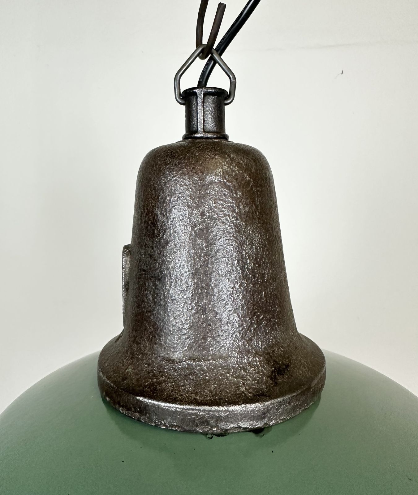 Industrial Green Enamel Factory Lamp With Cast Iron Top, 1960s photo for sale