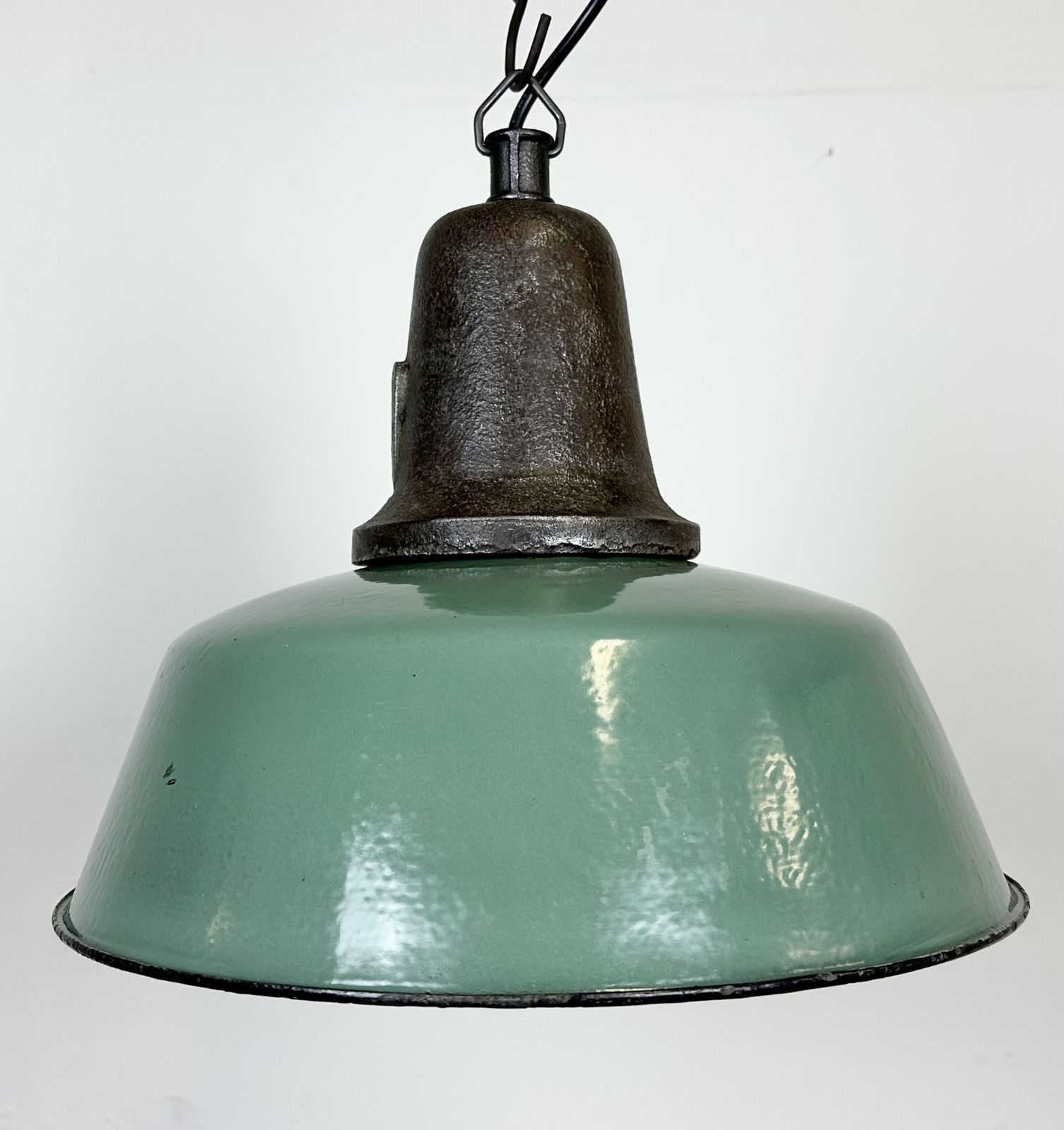 Industrial Green Enamel Factory Lamp With Cast Iron Top, 1960s photo vinterior
