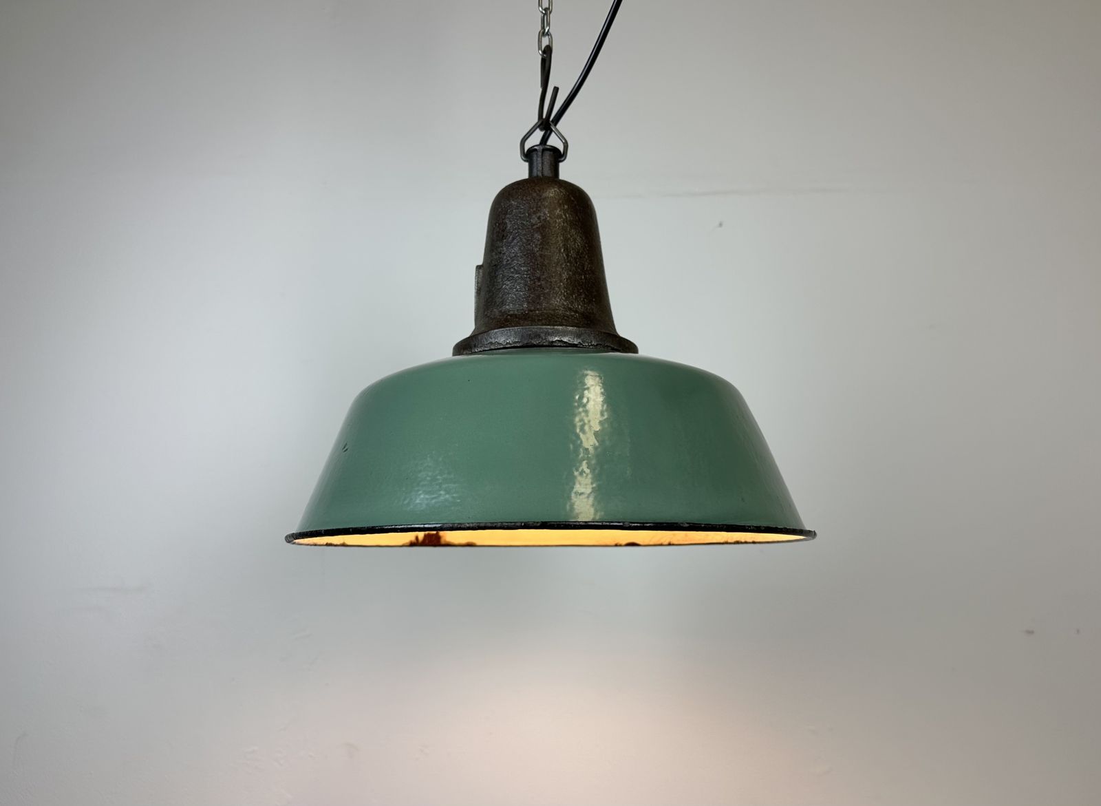 Lighting Industrial Green Enamel Factory Lamp With Cast Iron Top, 1960s photo