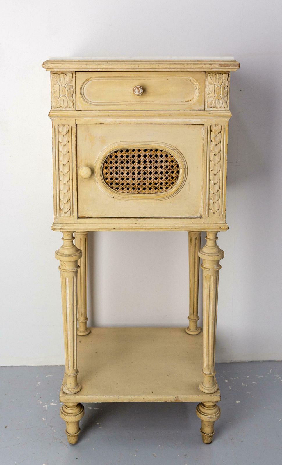 French Bedside Table Patinated Wood, Marble Top & Cane Door Louis XVI St, C 1900 photo furniture