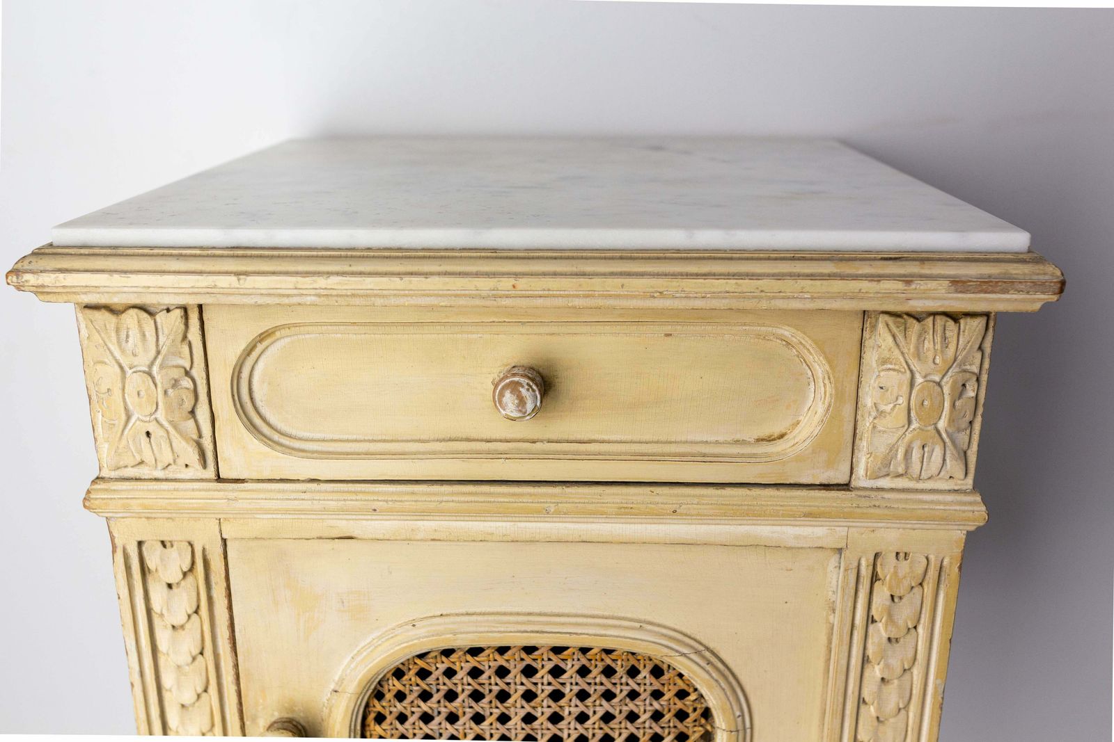 French Bedside Table Patinated Wood, Marble Top & Cane Door Louis XVI St, C 1900 photo vintage