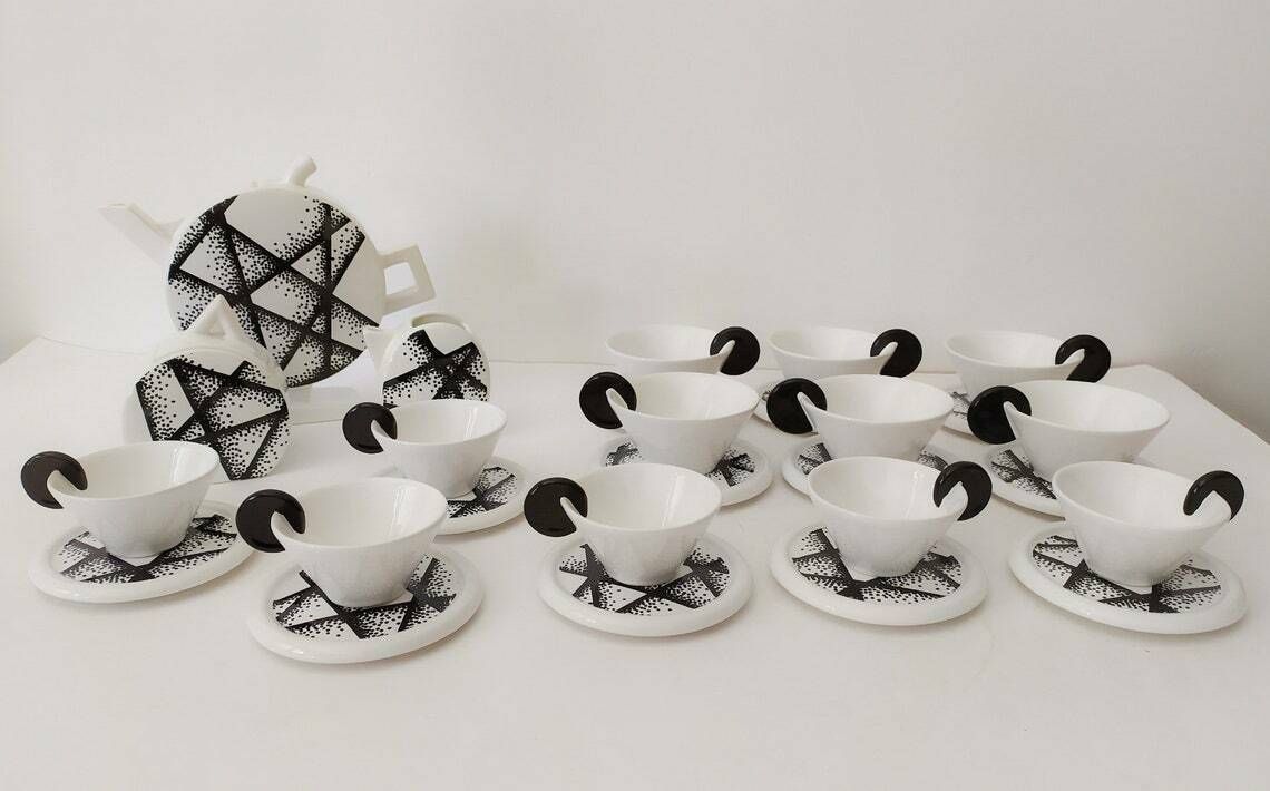 Service Set In Ceramic Tea And Coffee Mas Italy 6+6 Black And White Memphis Era Style Design Castaldi Mattresses Pop Art