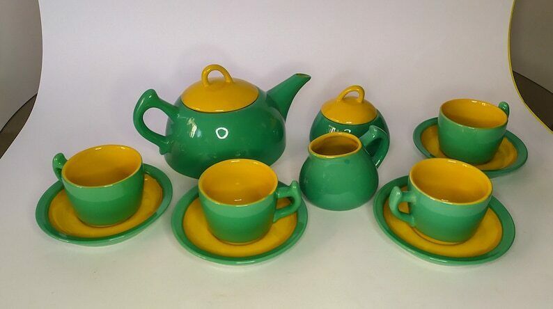 Thè Set Ceramic Service Najoleari Design Massimo Iosa Ghini Vintage 80s 90 Tea Green Yellow Futurist Memphis Style