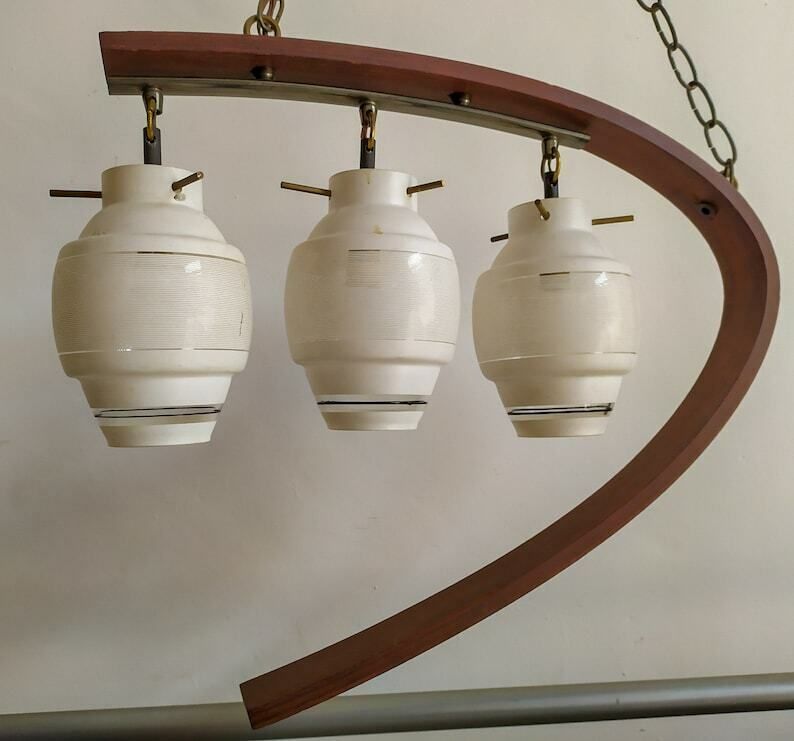 Midcentury Design Ceiling Light Italian Teak Vintage Lamp 3 Lights Glass White Reggiani Stilnovo Was