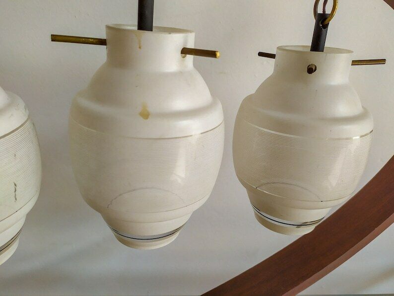 Midcentury Design Ceiling Light Italian Teak Vintage Lamp 3 Lights Glass White Reggiani Stilnovo Was photo 328.8