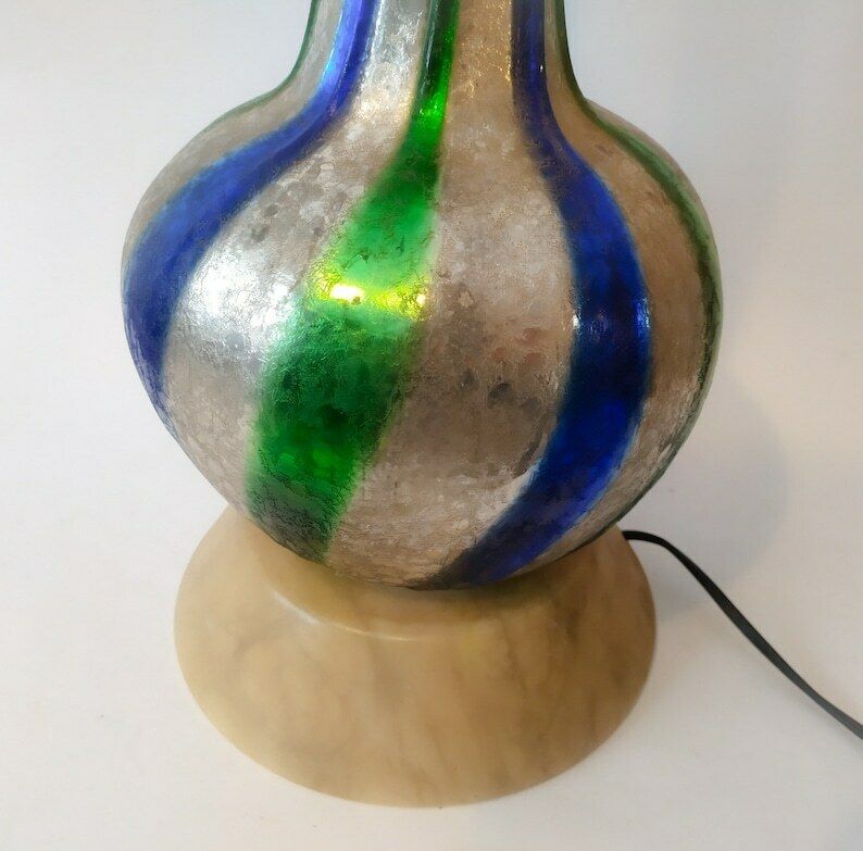 Rara Murano Glass Lamp Ice Effect With Blue And Green Reeds Base In Vintage Space Age Italian Glass Design Marble photo furniture
