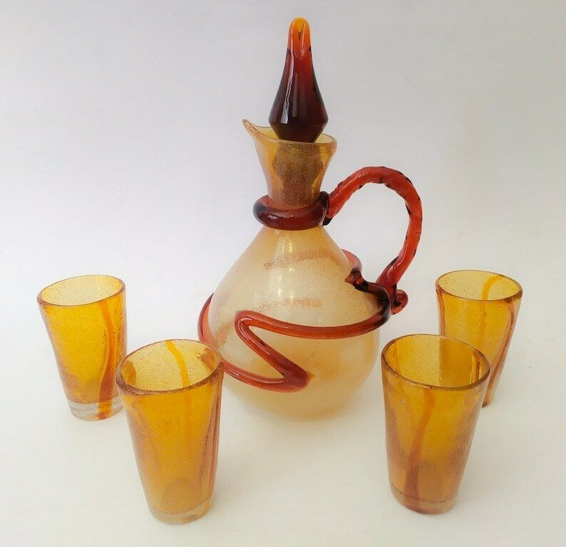 Murano Glass Liquor Service Set Vintage Amber Italian Design Jug Bottle 4 Glasses
