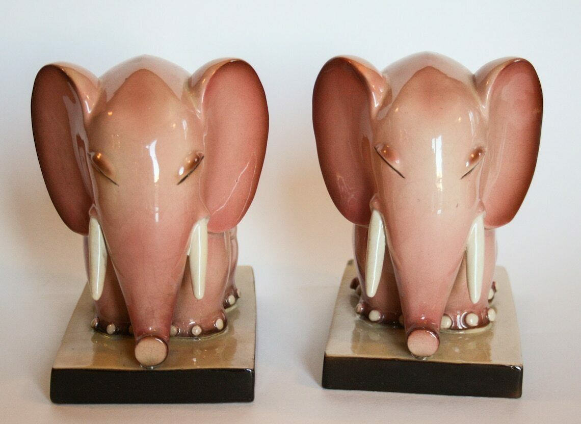 Tarcisio Tosin Bookends Bookends Pink Ceramic Elephant La Freccia 30s 1934 Art Deco photo vintage