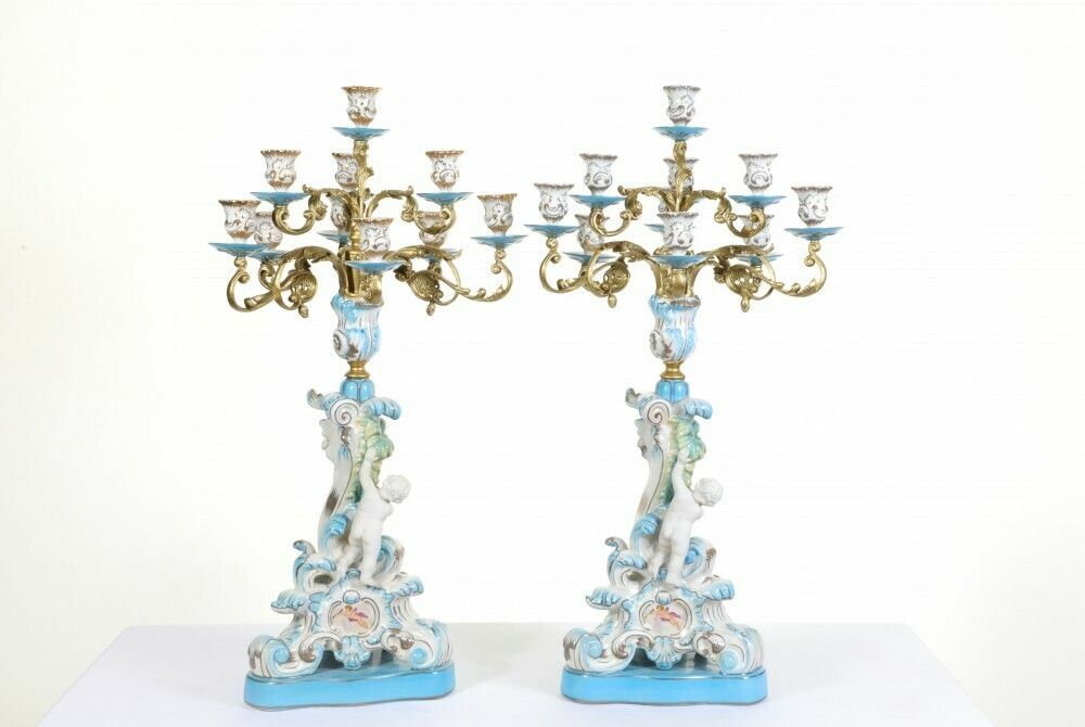 Pair Sevres Candelabras Porcelain Bisque Cheight Erubs Candles photo vintage