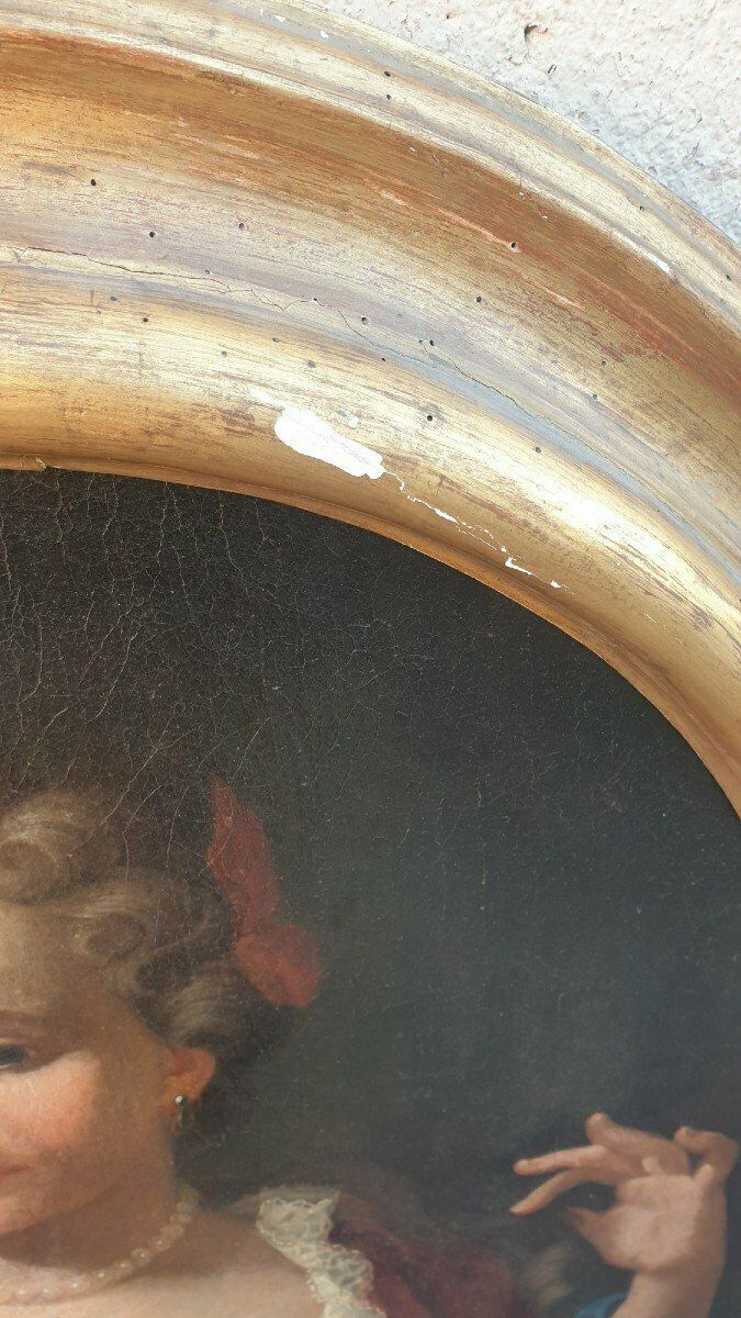 Portrait Of Lady With A Fan, Framed Oval, Eighteenth Century photo vinterior