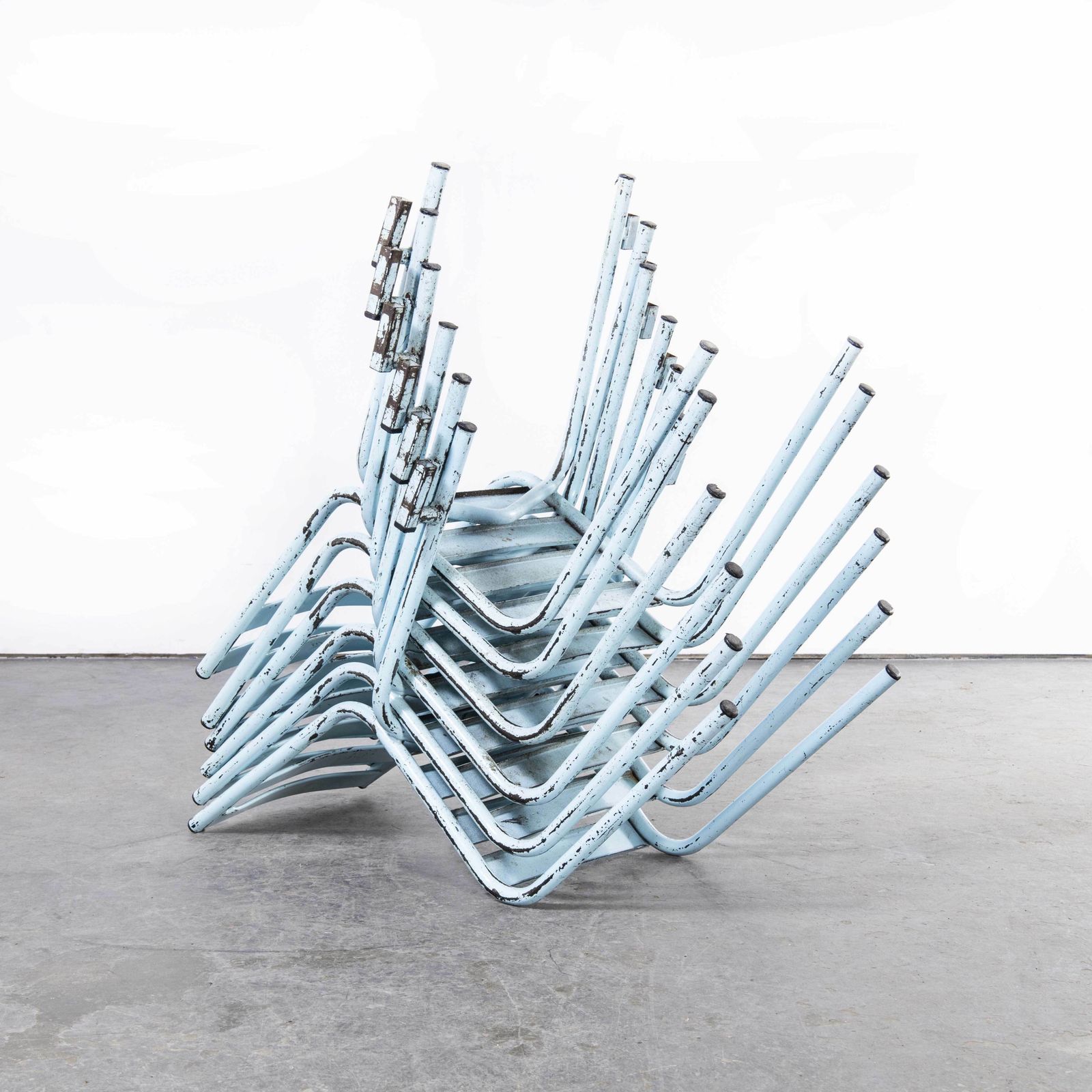 1950’s French Artprog Sky Blue Metal Stacking Outdoor Chairs \ photo for sale