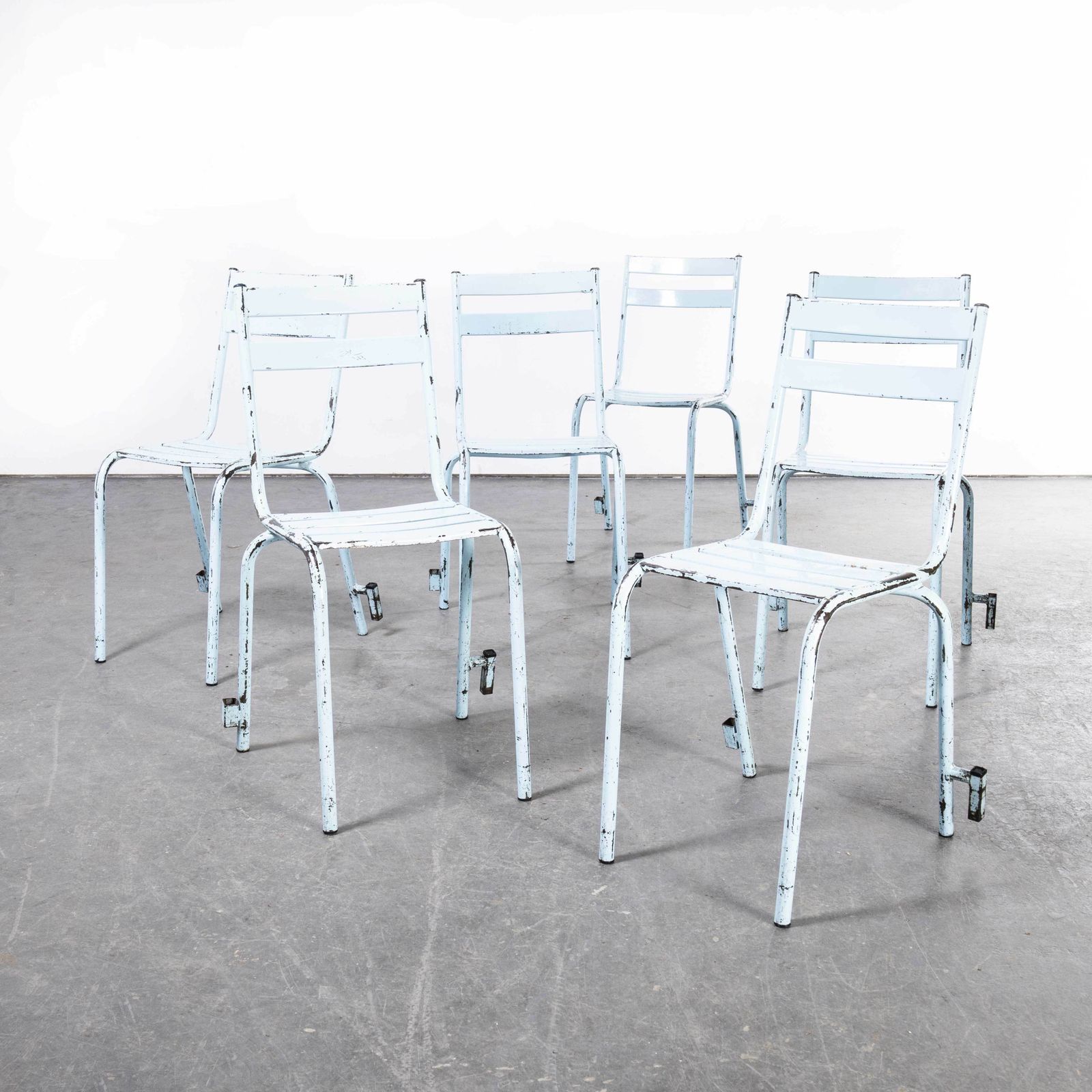 1950’s French Artprog Sky Blue Metal Stacking Outdoor Chairs \ photo Garden Furniture