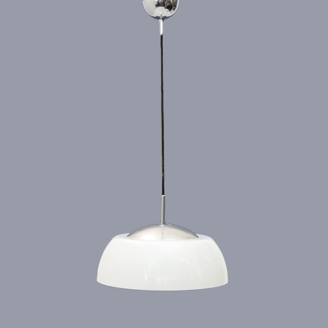 Chandelier In Chromed Metal, Methacrylate And White Glass, 60s photo furniture