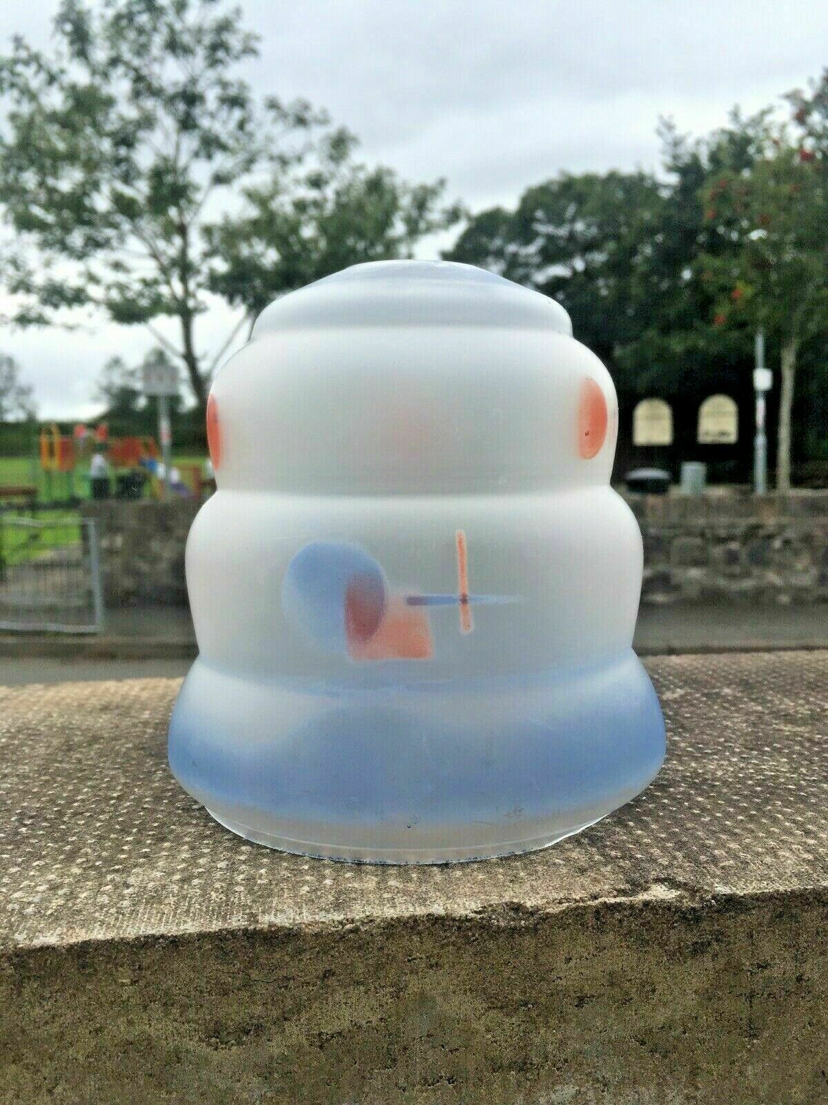Art Deco 1930s Blue Red Frosted Geometric Beehive Glass Lamp Light Shade Vintage