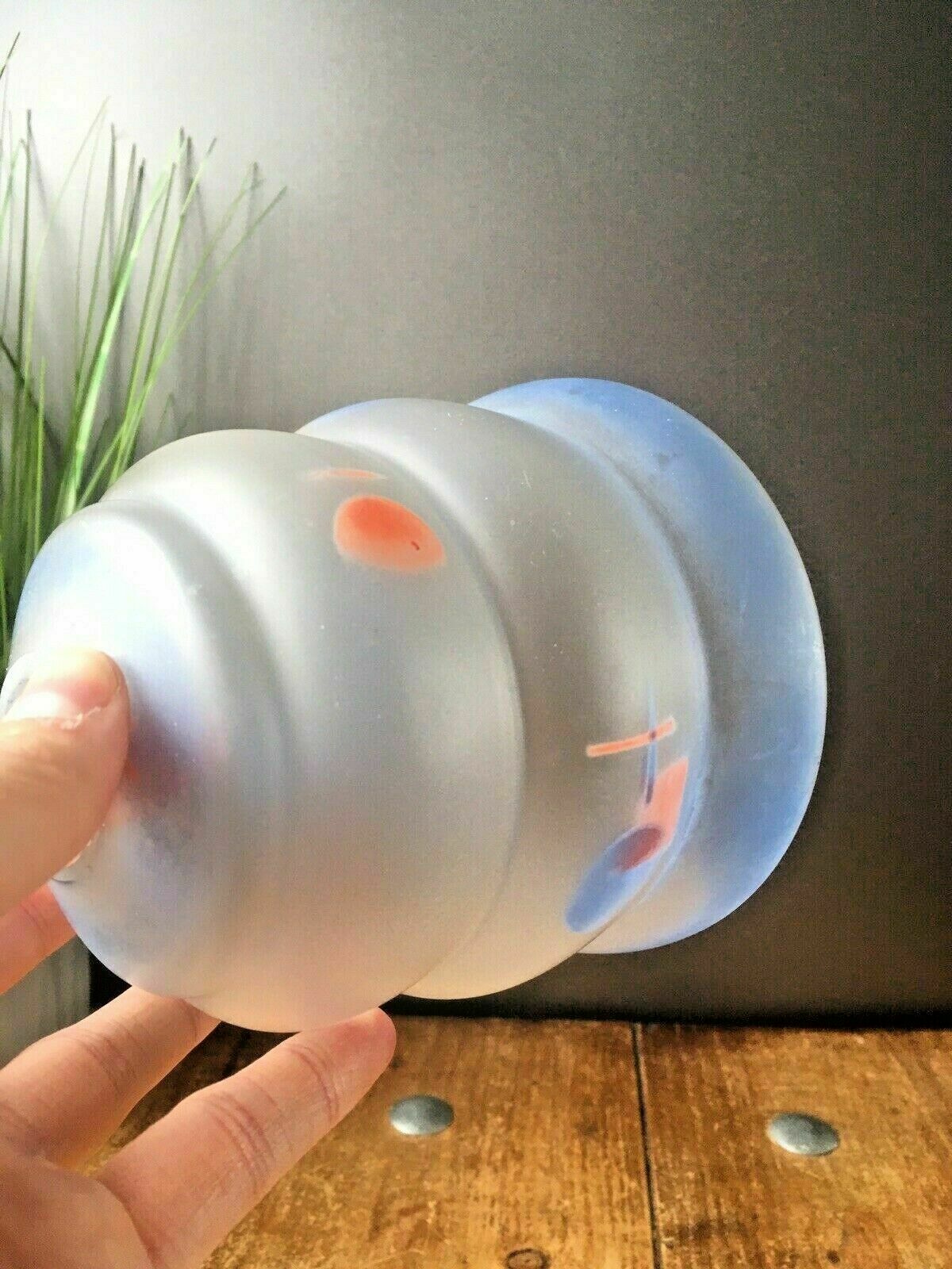 Art Deco 1930s Blue Red Frosted Geometric Beehive Glass Lamp Light Shade Vintage photo buy