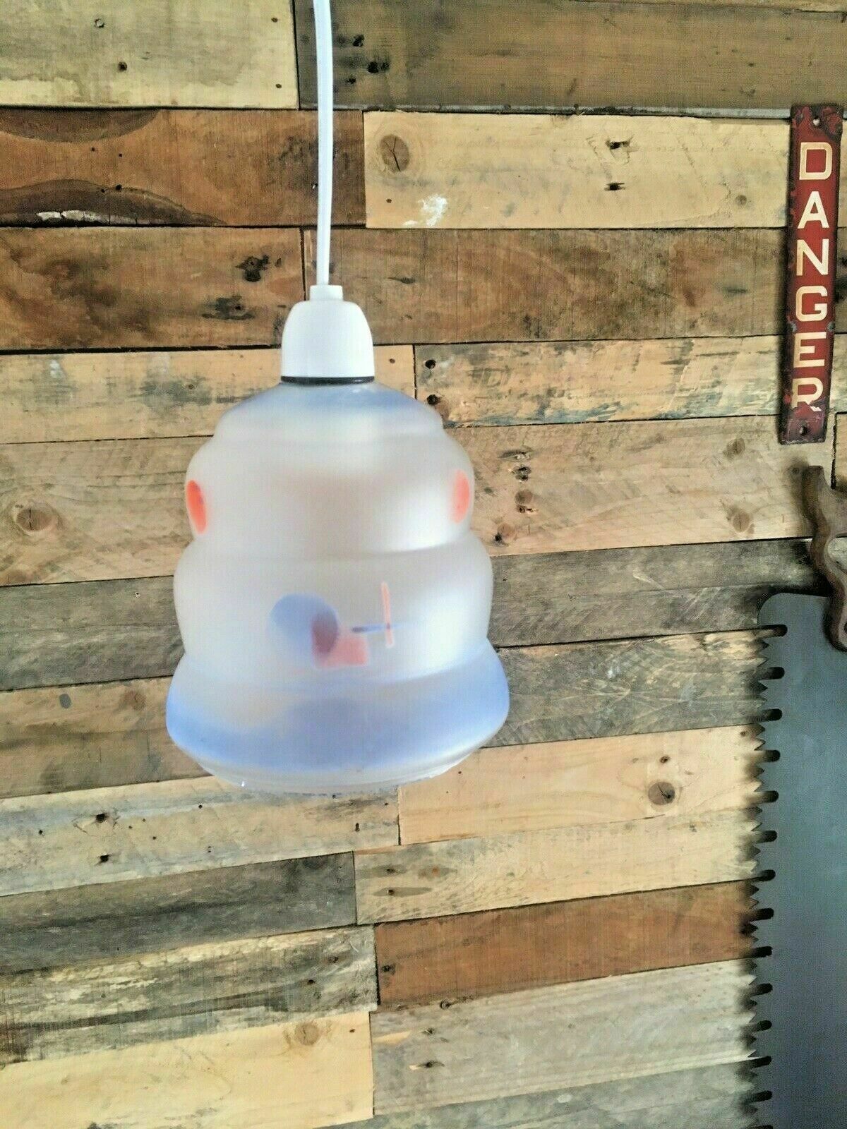 photo for sale Art Deco 1930s Blue Red Frosted Geometric Beehive Glass Lamp Light Shade Vintage