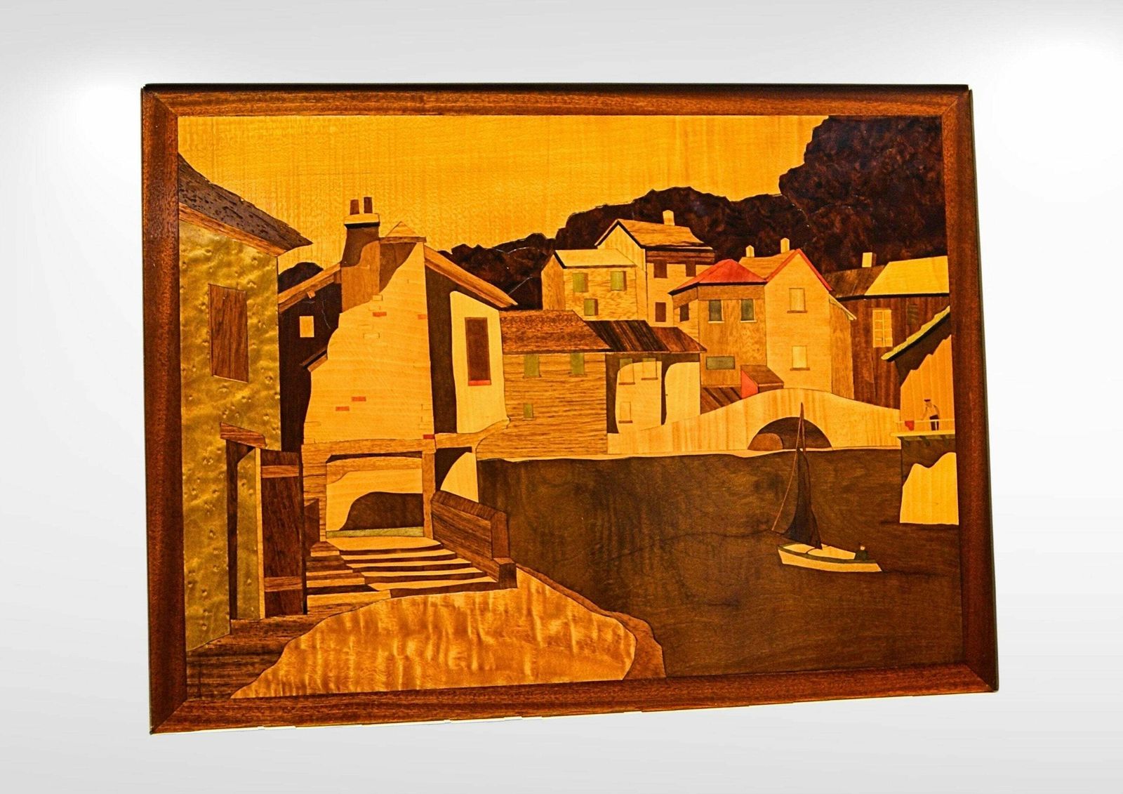 Mid Century Inlay Burl Wood Marquetry Wall Art Of A Coastal Scenery, Artist Signed & Dated photo vinterior