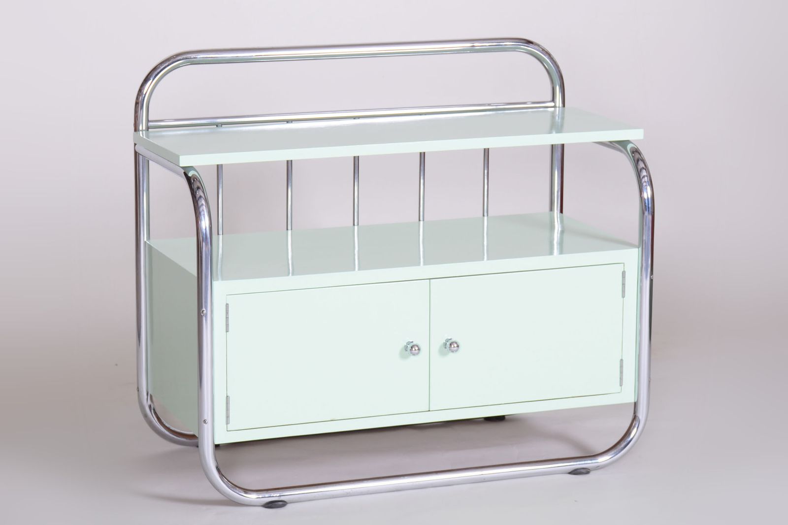 Restored Small Bauhaus Cabinet, Chrome Plated Steel, Lacquered Wood, Czechia, 1930s