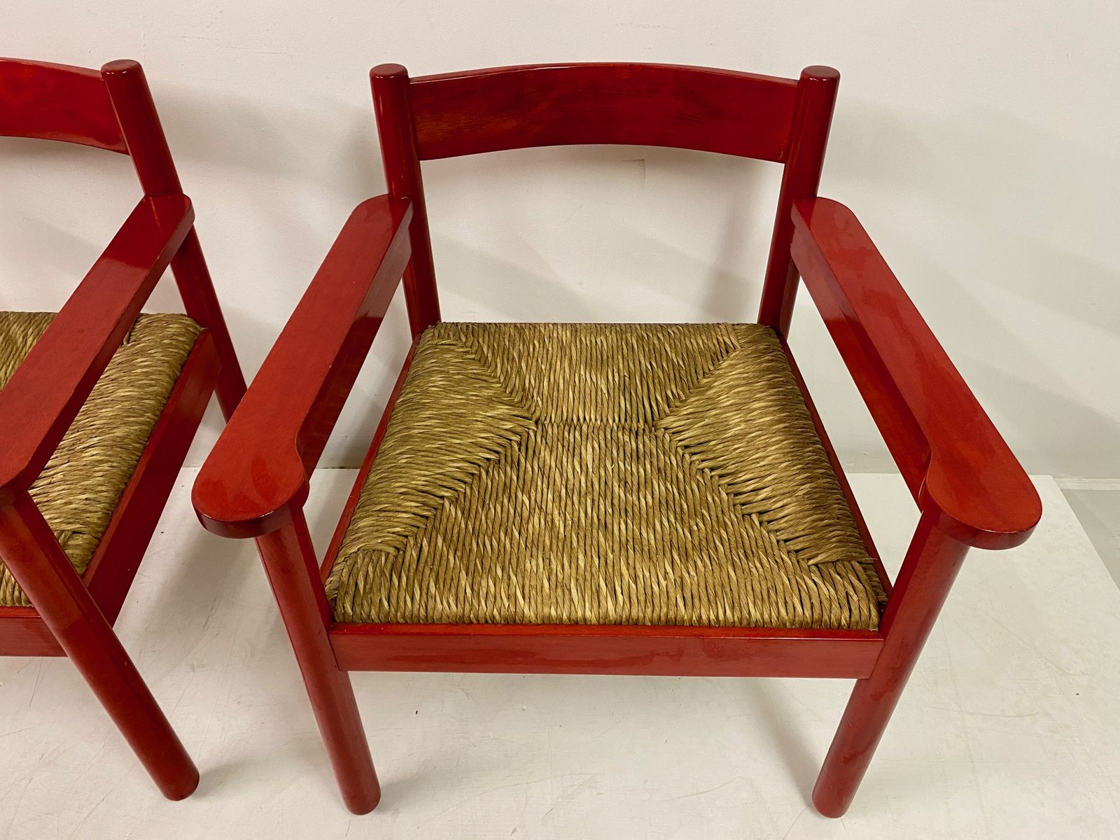 Pair Of Italian Red Armchairs With Rush Seats photo for sale