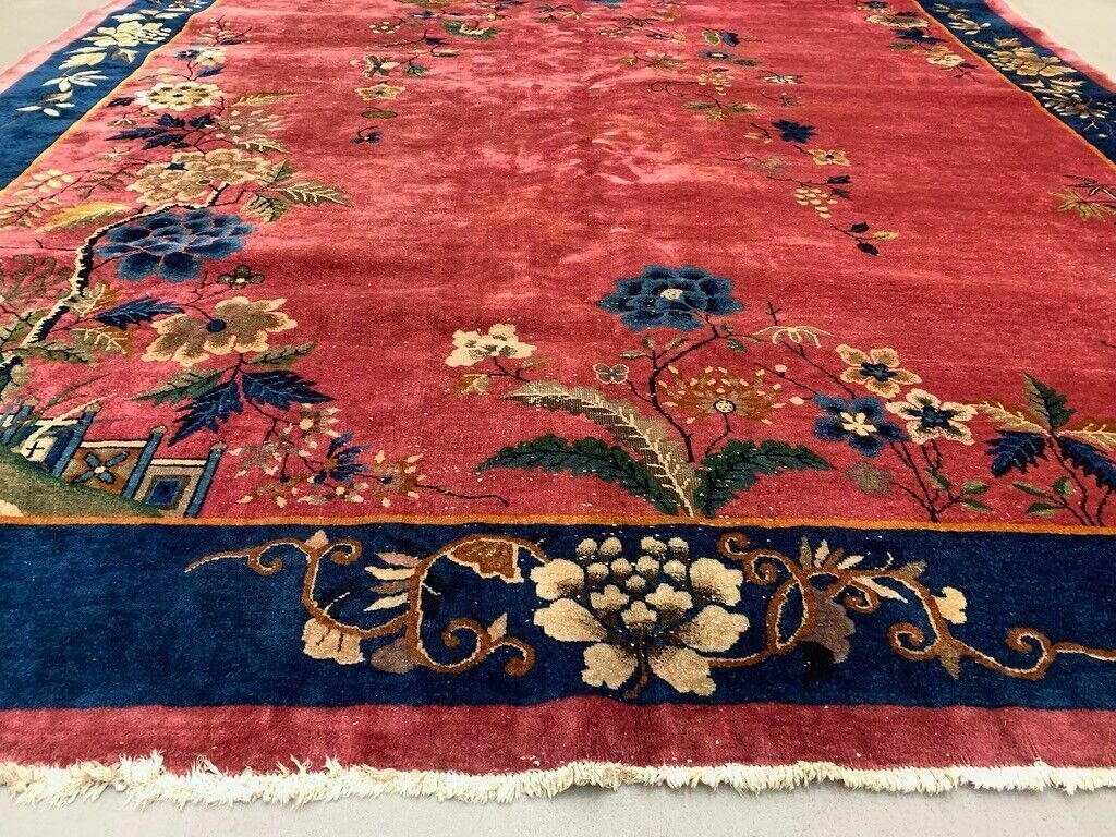 Large Chinese Art Deco Carpet, 448x308 Cm, 1920s Wool, Handmade, Pink Blue Rug photo vinterior