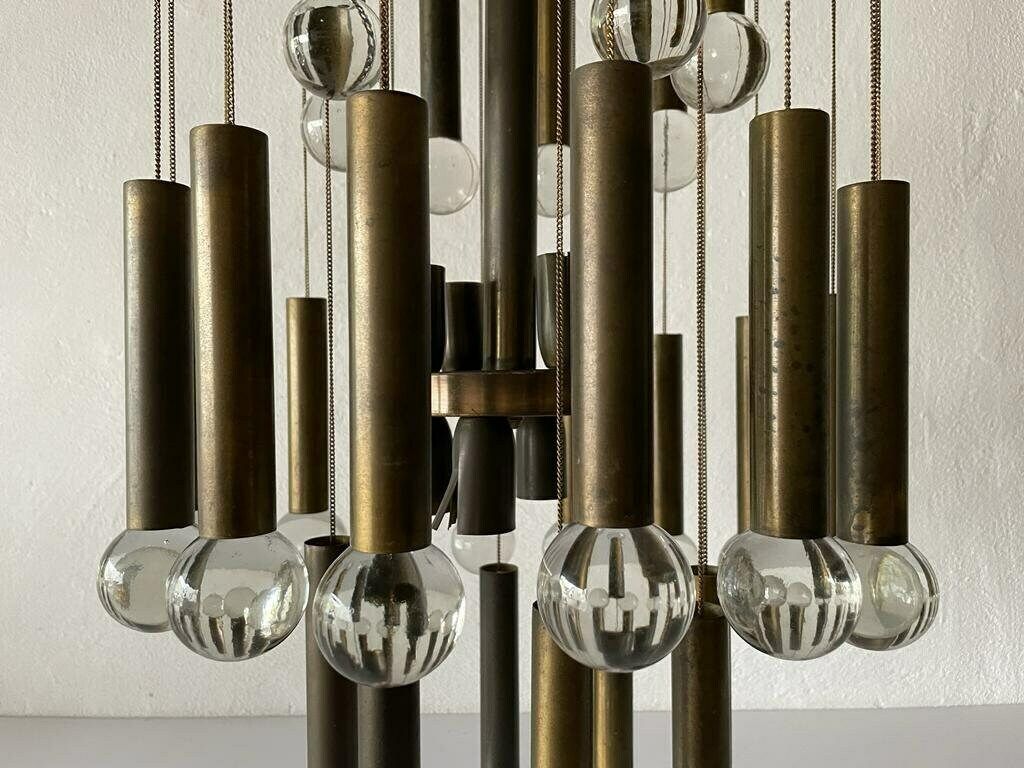 Exceptional Multiple Tubes With Glass Balls Italian Design Brass Chandelier, 1960s, Italy photo vinterior