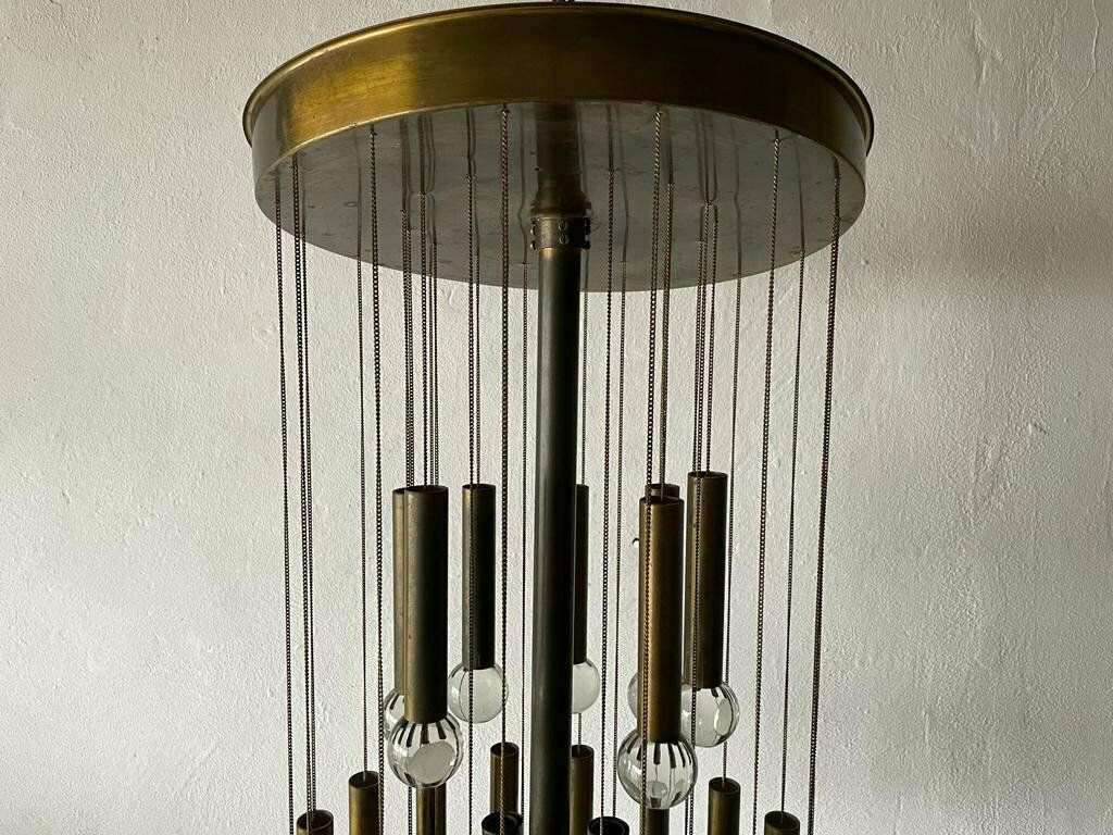 photo furniture Exceptional Multiple Tubes With Glass Balls Italian Design Brass Chandelier, 1960s, Italy