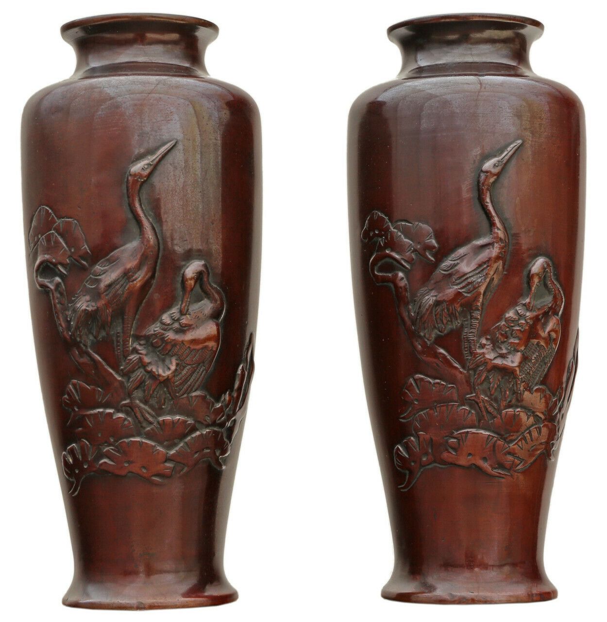Antique Fine Quality Japanese Meiji Period Pair Of Bronze Vases C1910