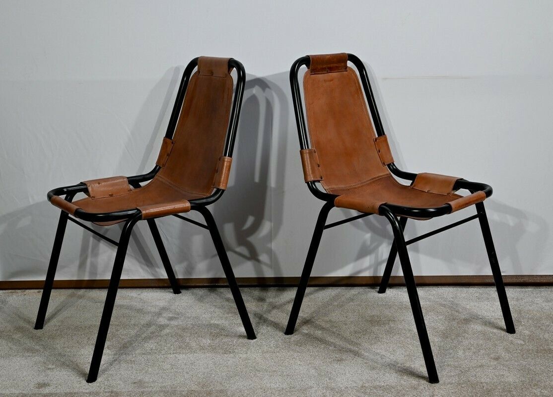 Pair Of Metal And Leather Chairs, After C. Perriand For Les Arcs – 1960 photo Furniture